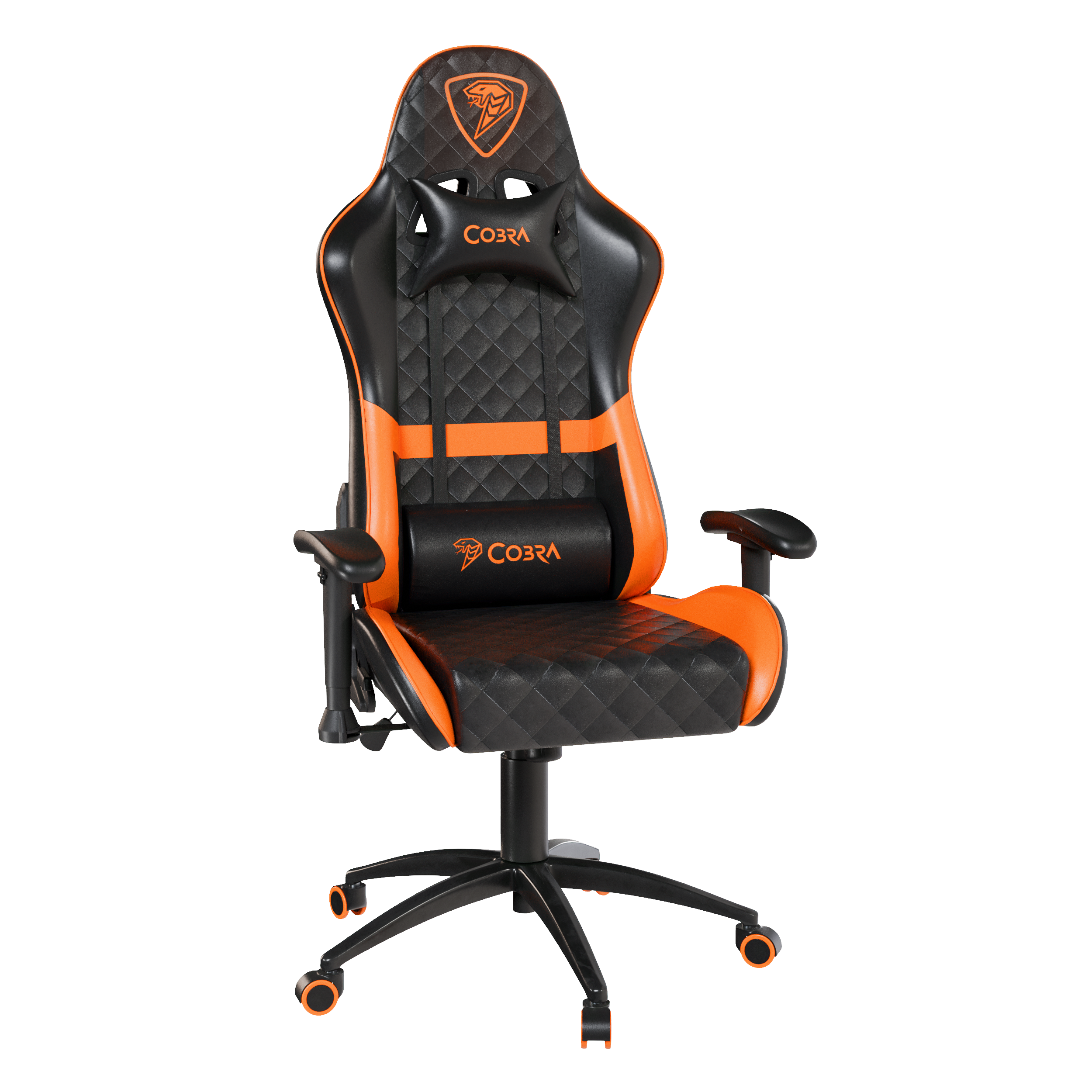 Czarny fotel gamingowy z pomarańczowymi akcentami i logo Cobra.
