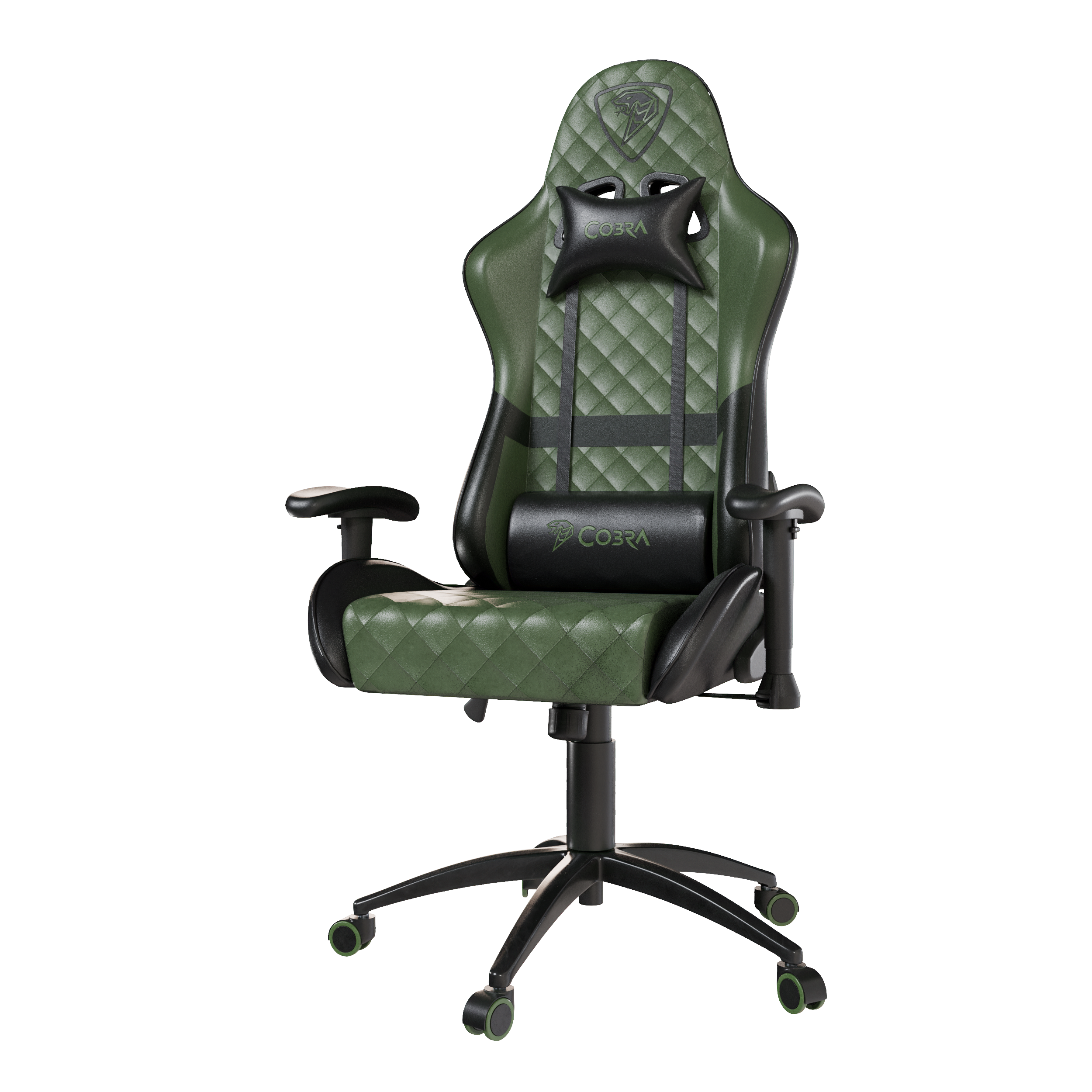 Zielone krzesło gamingowe z czarnym napisem i logo na białym tle.