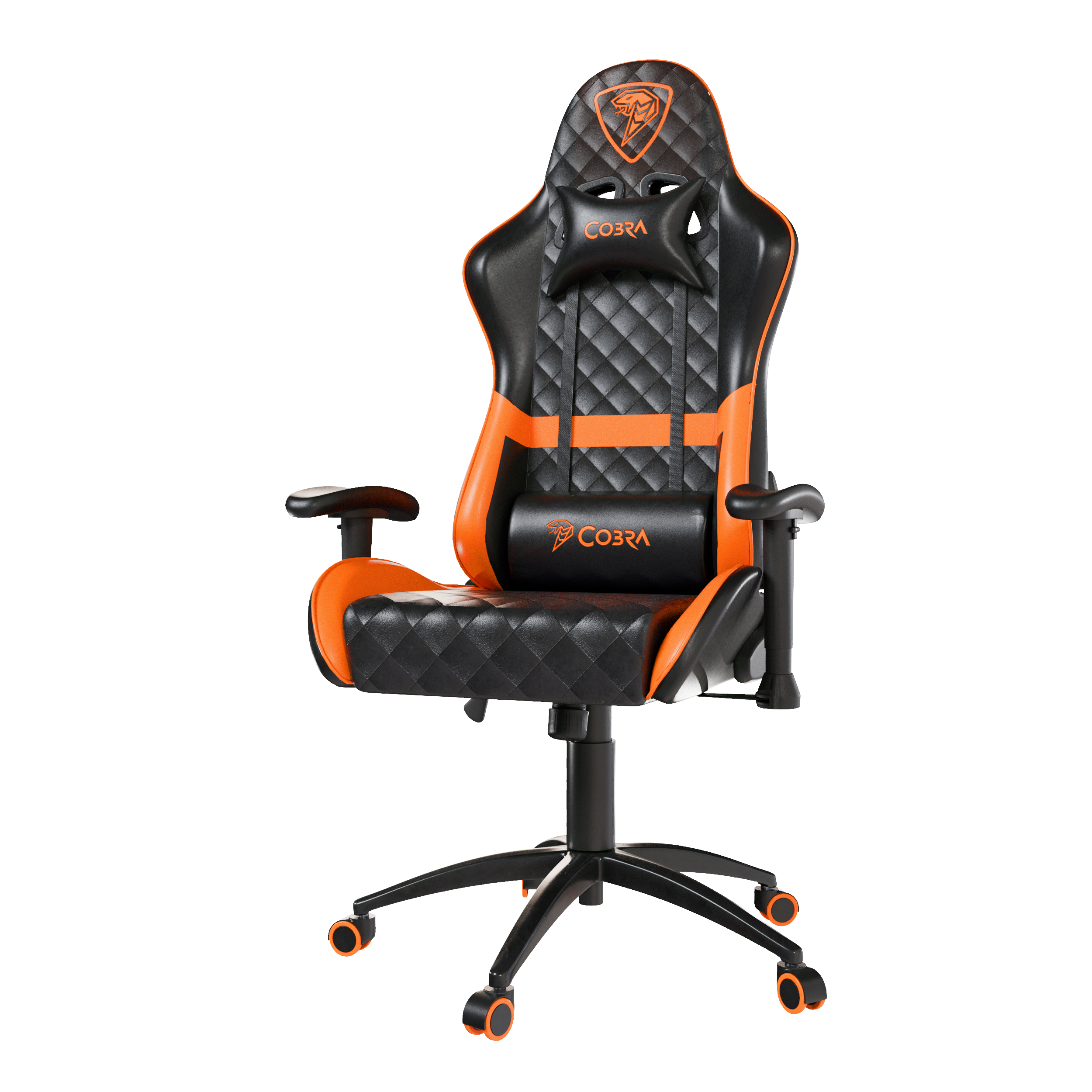 Czarny fotel gamingowy z pomarańczowymi akcentami i logo Cobra.