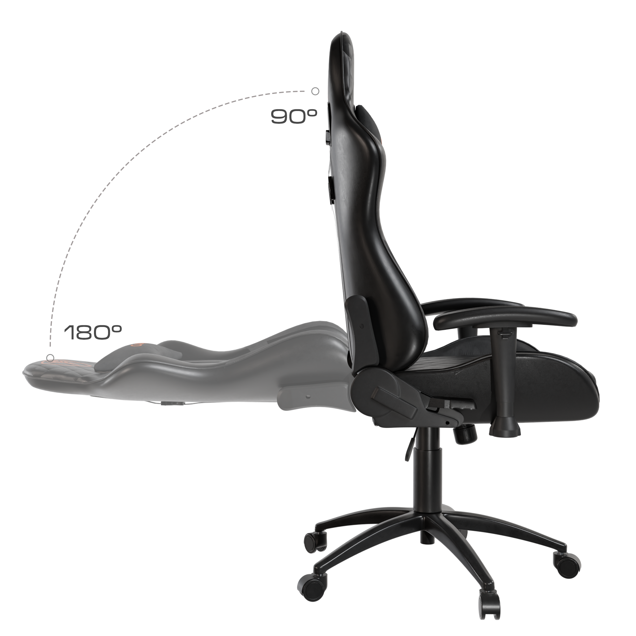 Czarny fotel gamingowy widziany z boku, odchylany od 90 do 180 stopni.