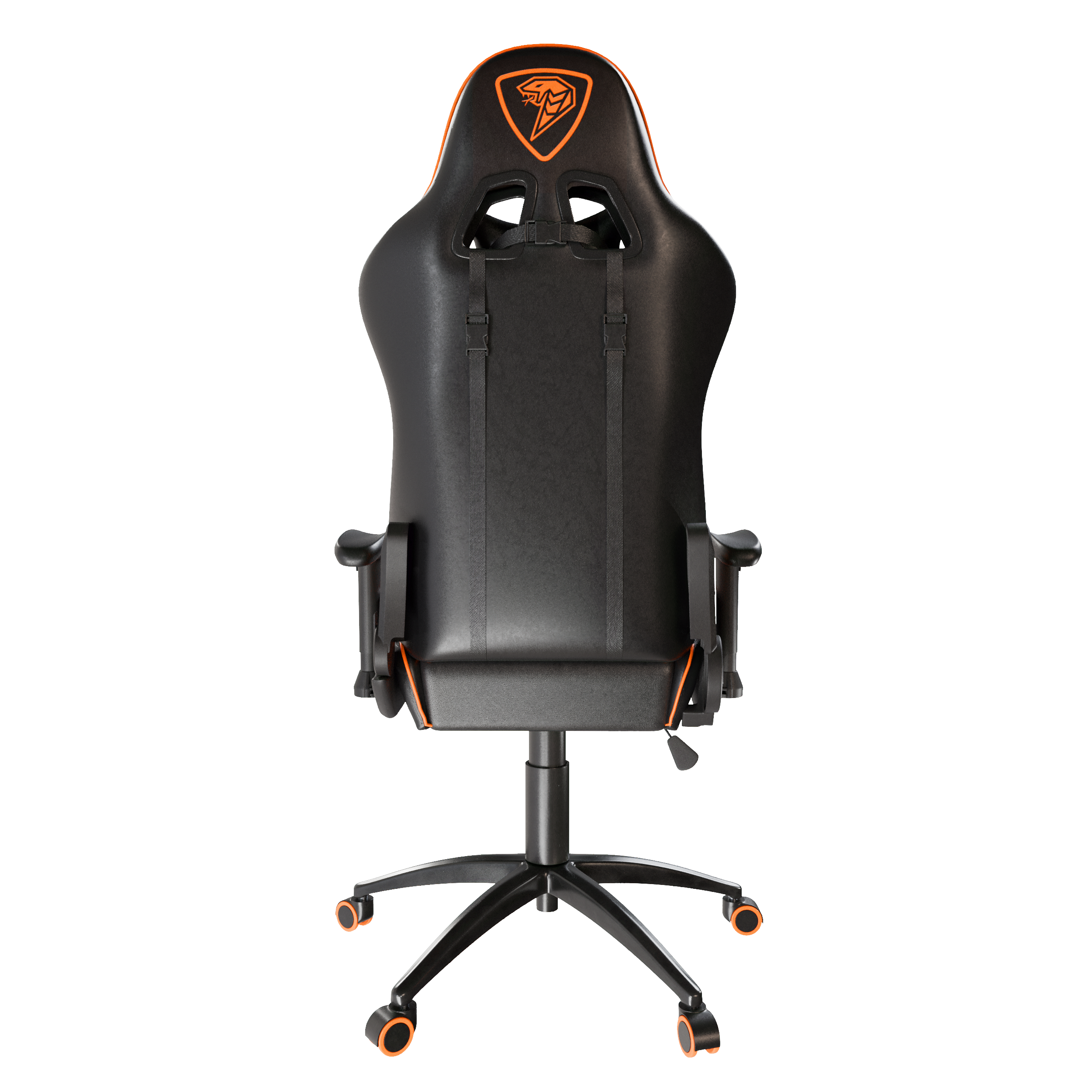 Czarny fotel gamingowy z pomarańczowymi akcentami i logo węża.