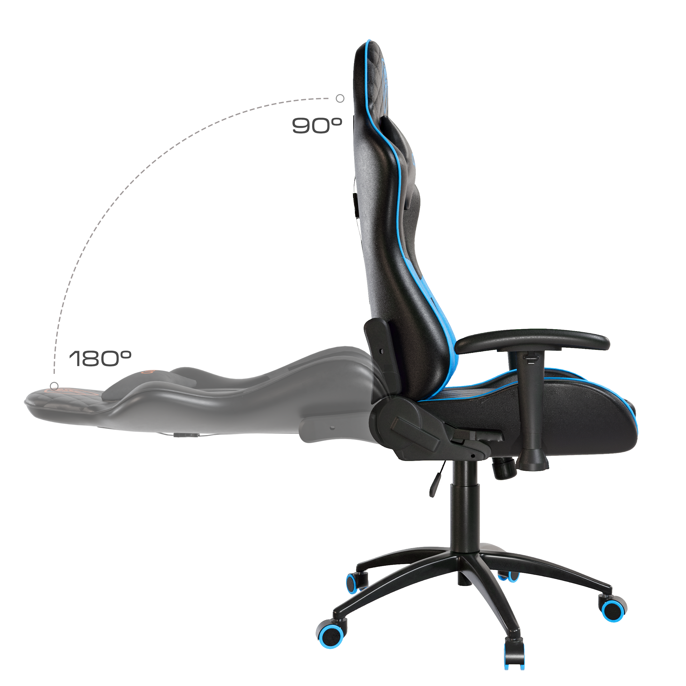 Czarny fotel gamingowy z niebieskimi akcentami, regulowany od 90° do 180°.