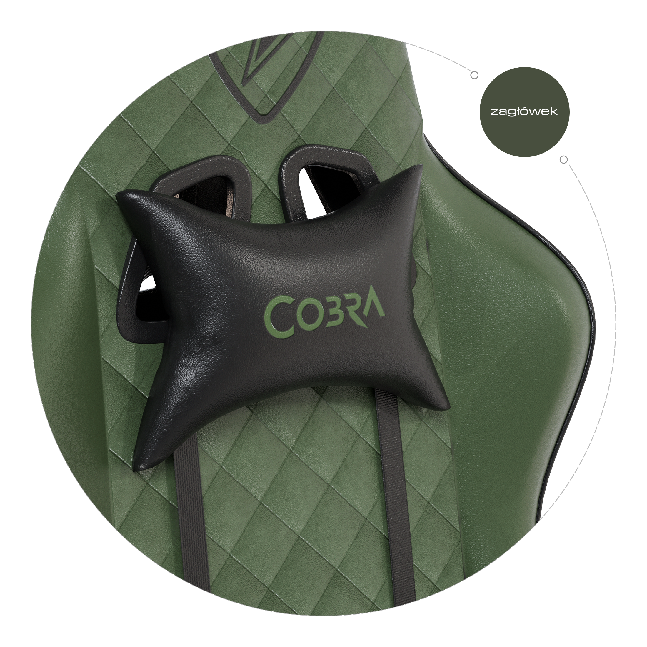 Zielone krzesło gamingowe z czarną poduszką na kark z logo COBRA.