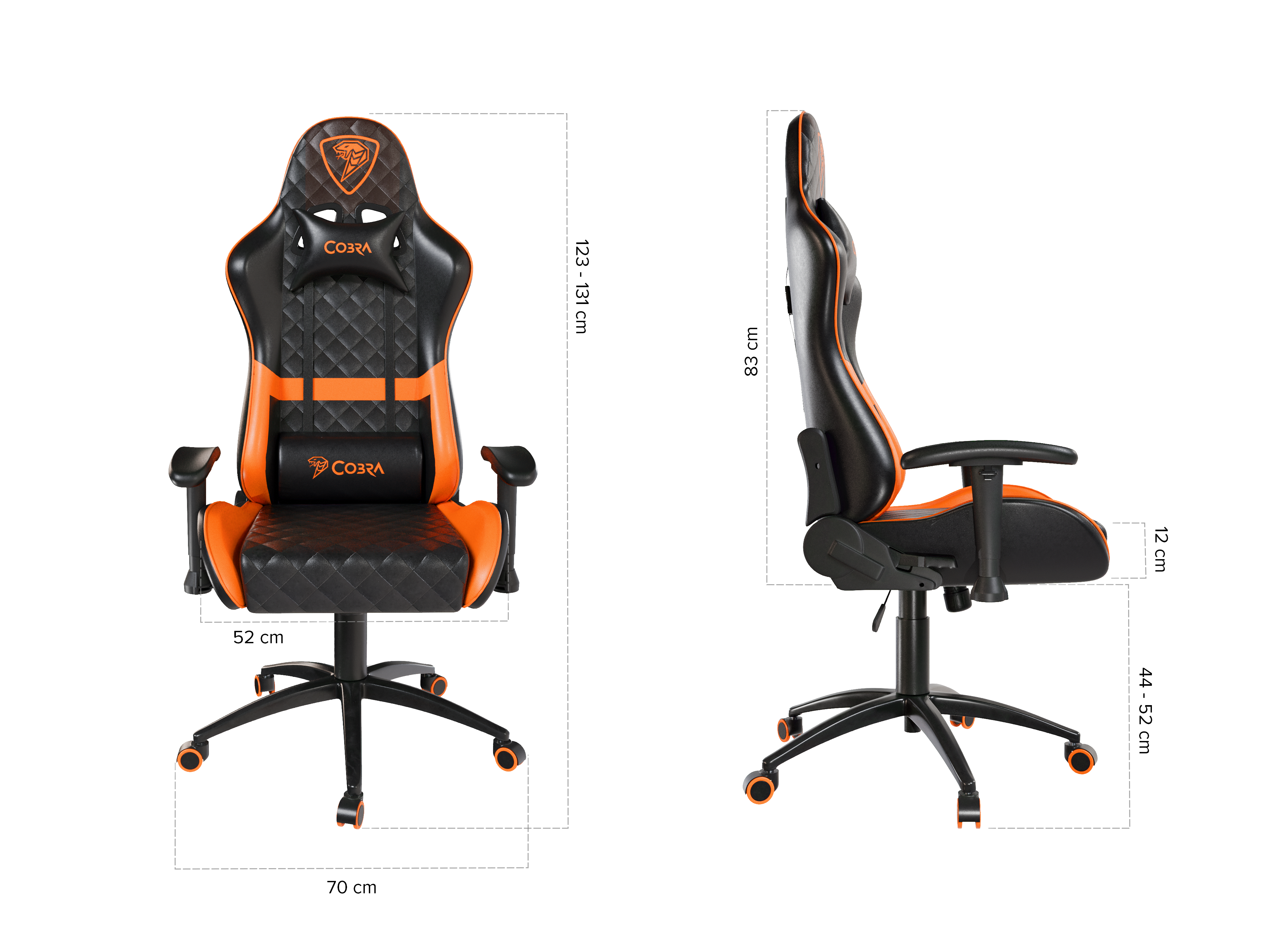 Czarny fotel gamingowy z pomarańczowymi akcentami, z zaznaczonymi wymiarami.