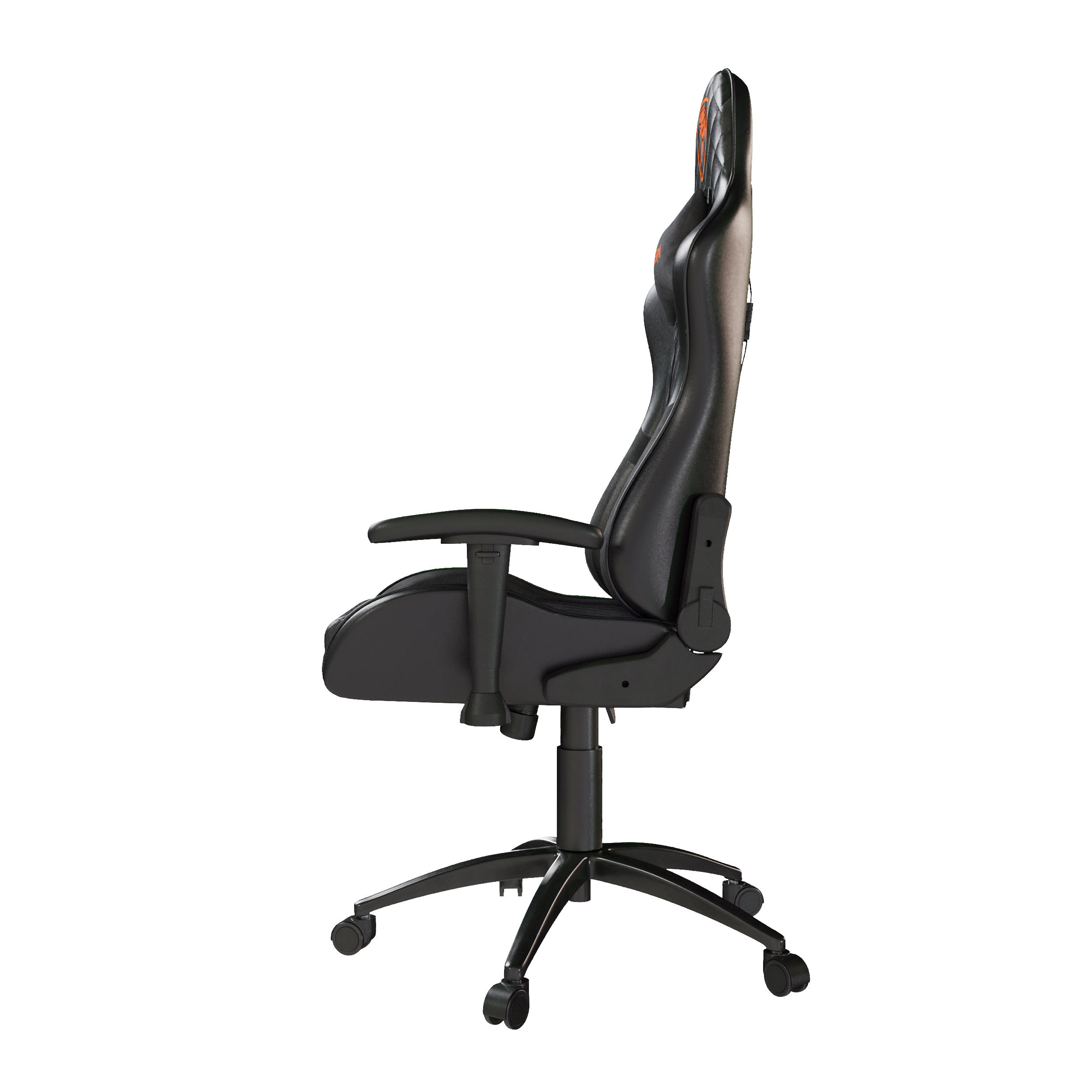 Czarny fotel gamingowy z podłokietnikami i kółkami, widziany z boku.