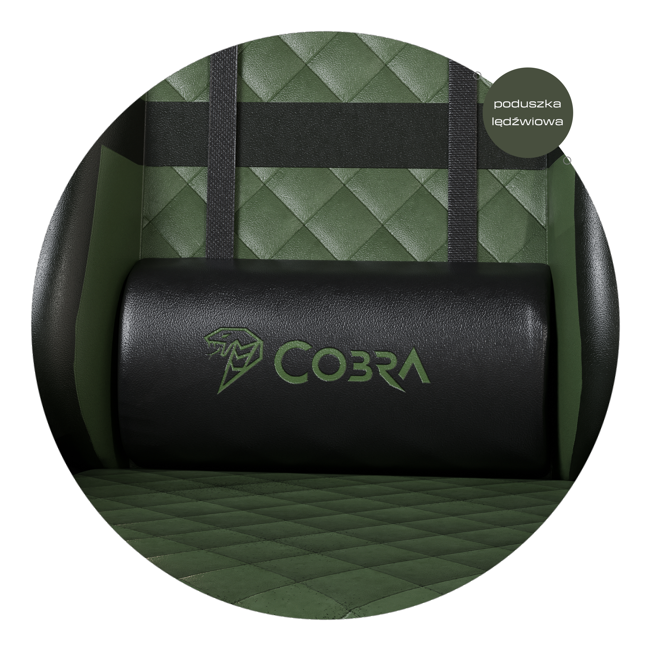 Czarna poduszka z zielonym logo Cobra na zielonym, pikowanym krześle.