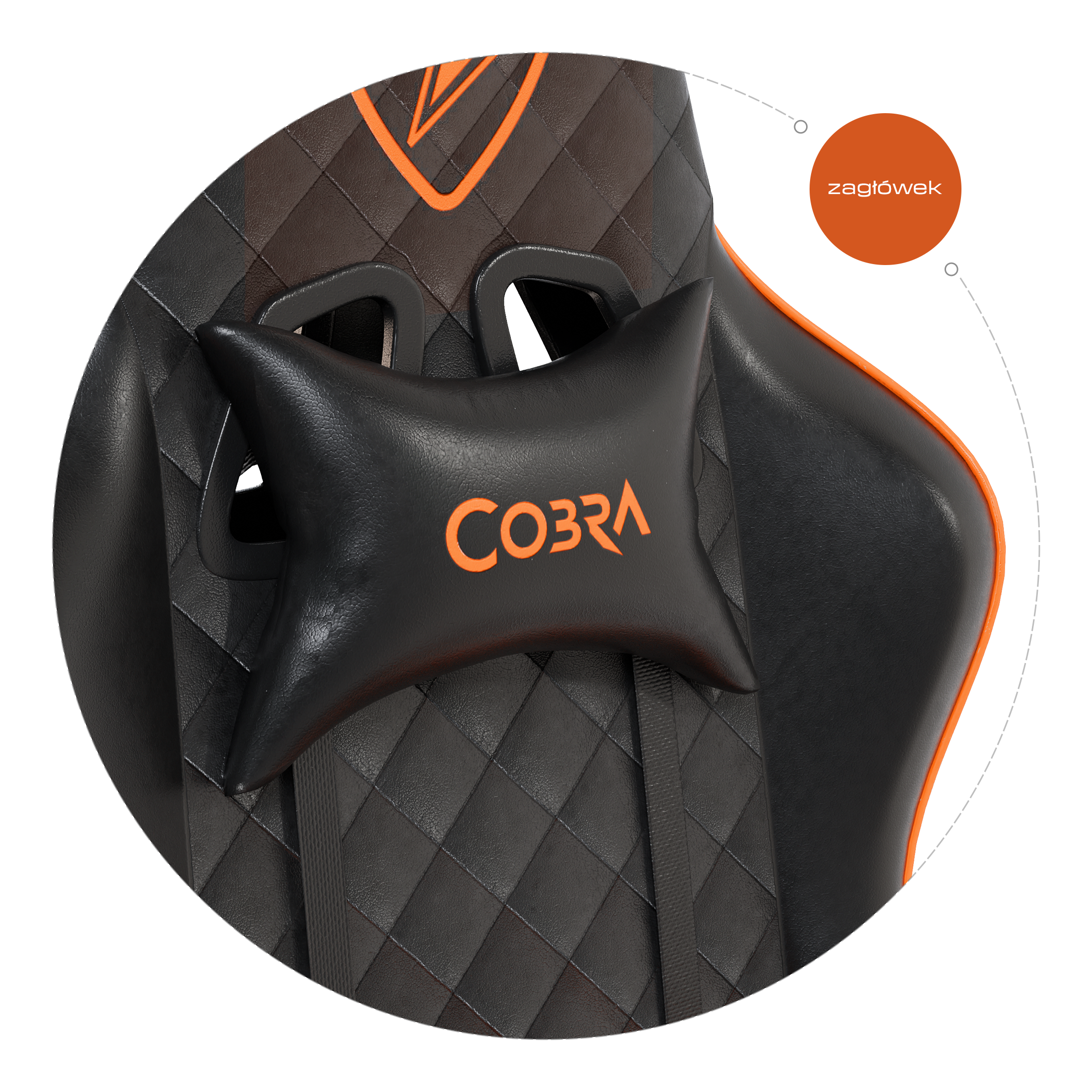 Czarna poduszka z pomarańczowym logo COBRA na fotelu gamingowym.