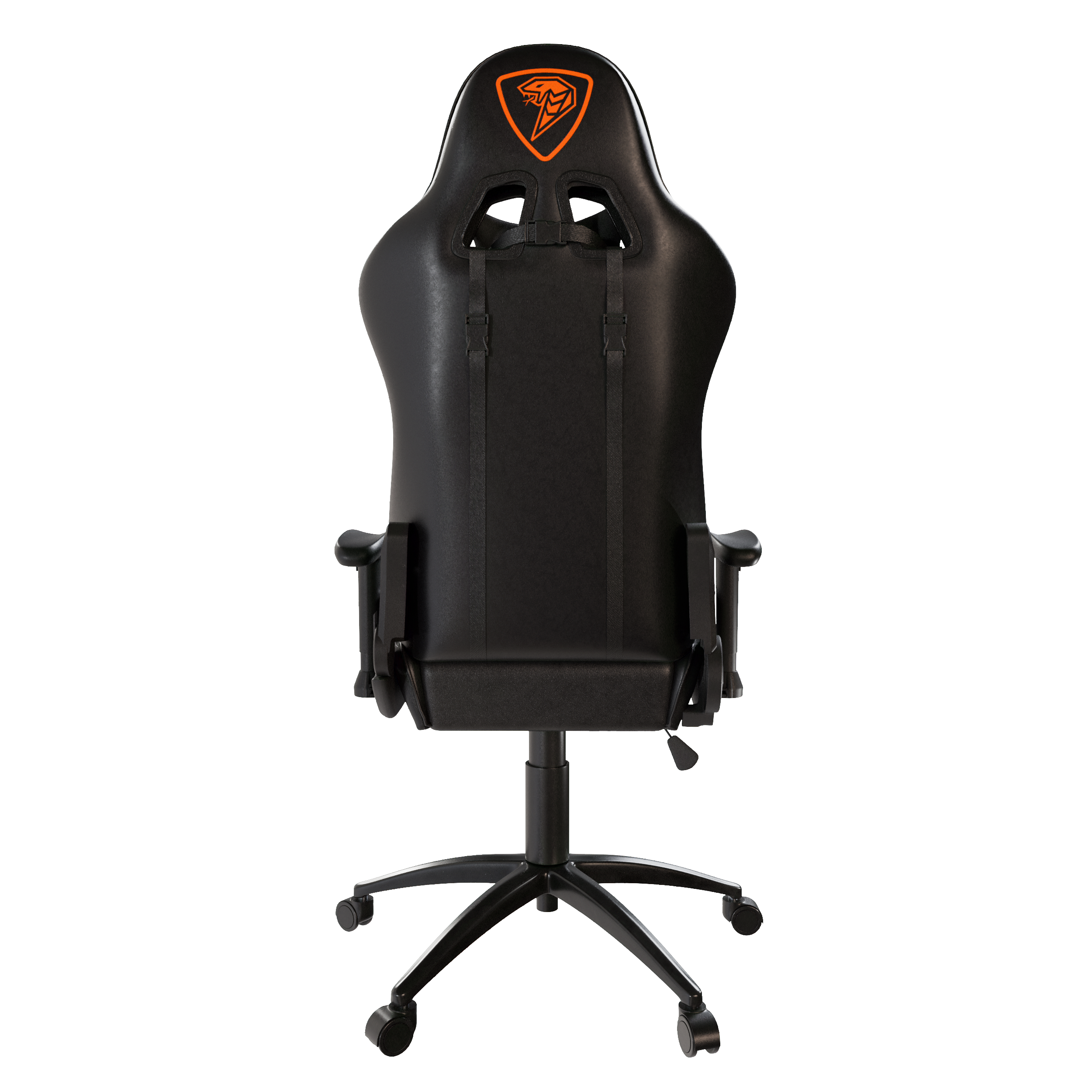 Czarny fotel gamingowy z pomarańczowym logo węża na zagłówku.
