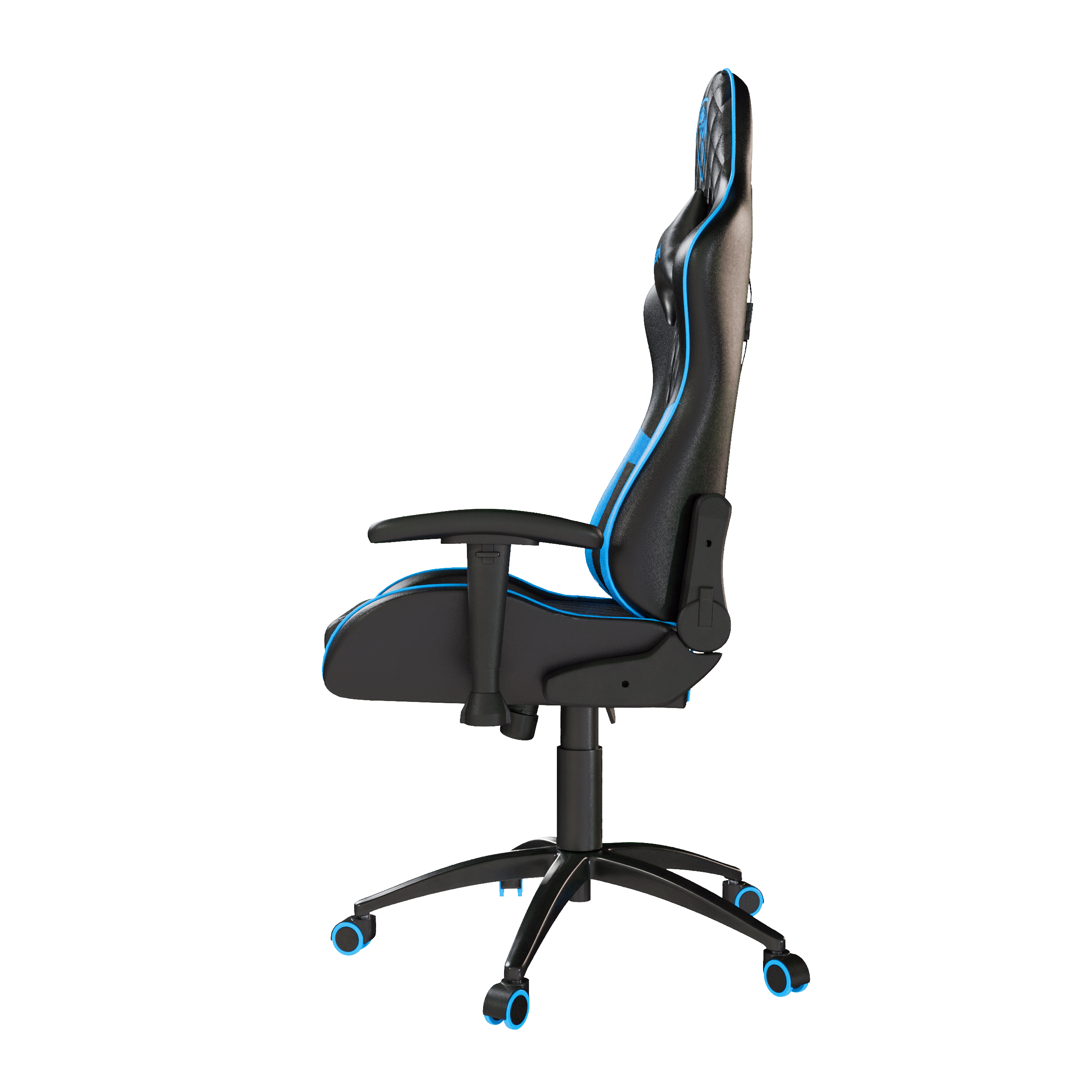 Czarny fotel gamingowy z niebieskimi akcentami, pokazany z boku.