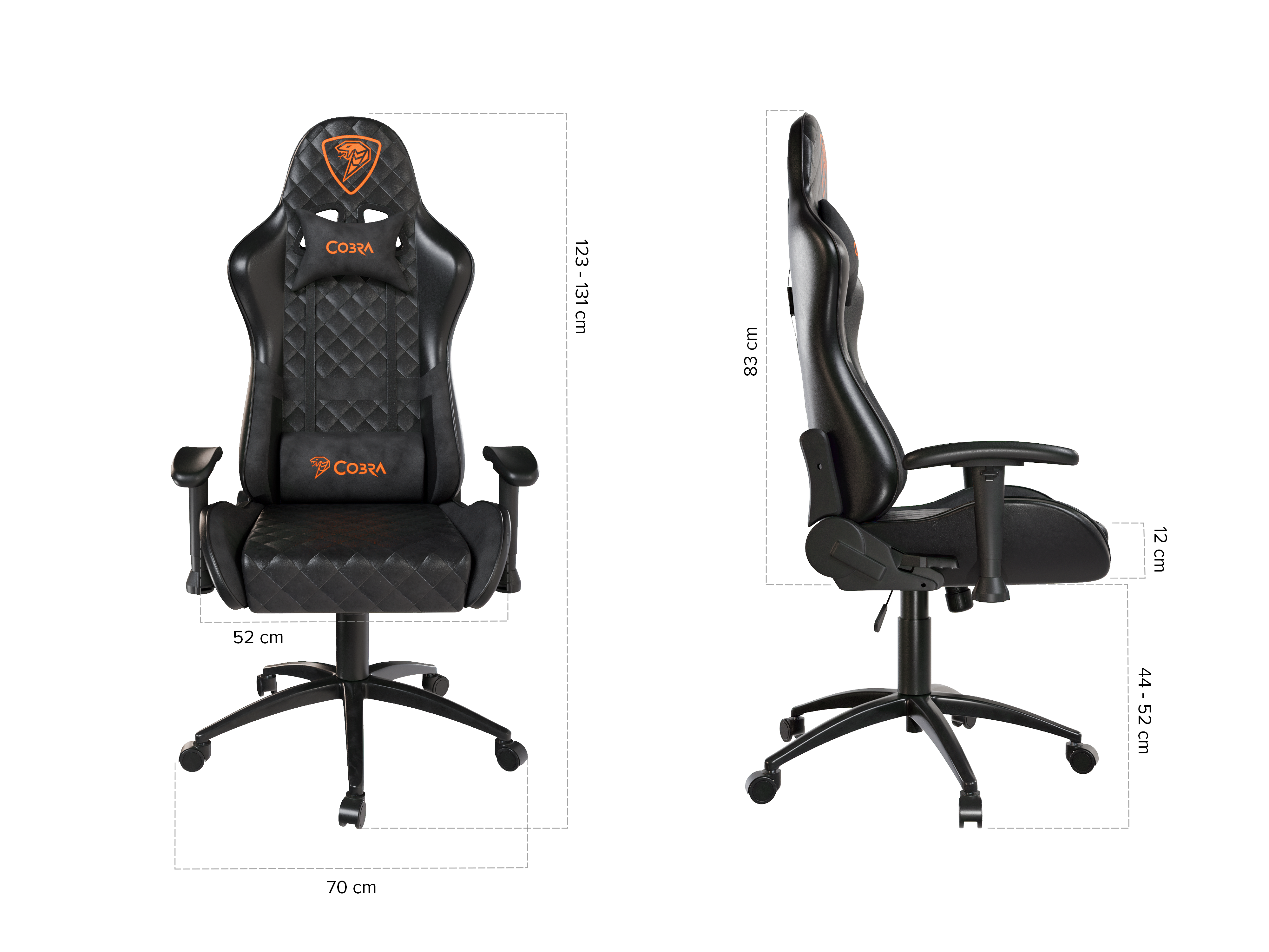 Czarny fotel gamingowy z pomarańczowym logo i wymiarami.