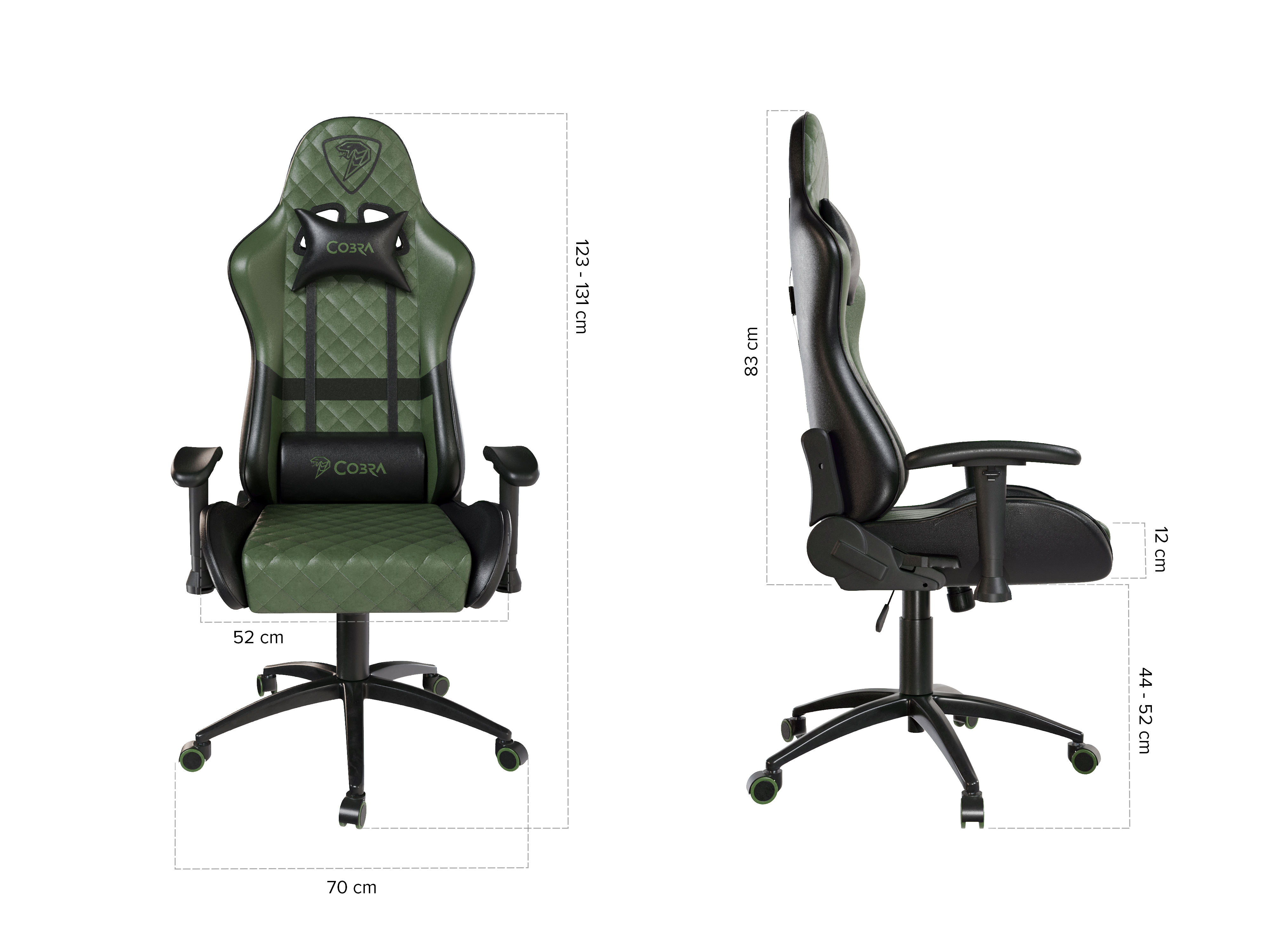 Zielone krzesło gamingowe z czarnym logo i poduszkami. Wymiary pokazane.