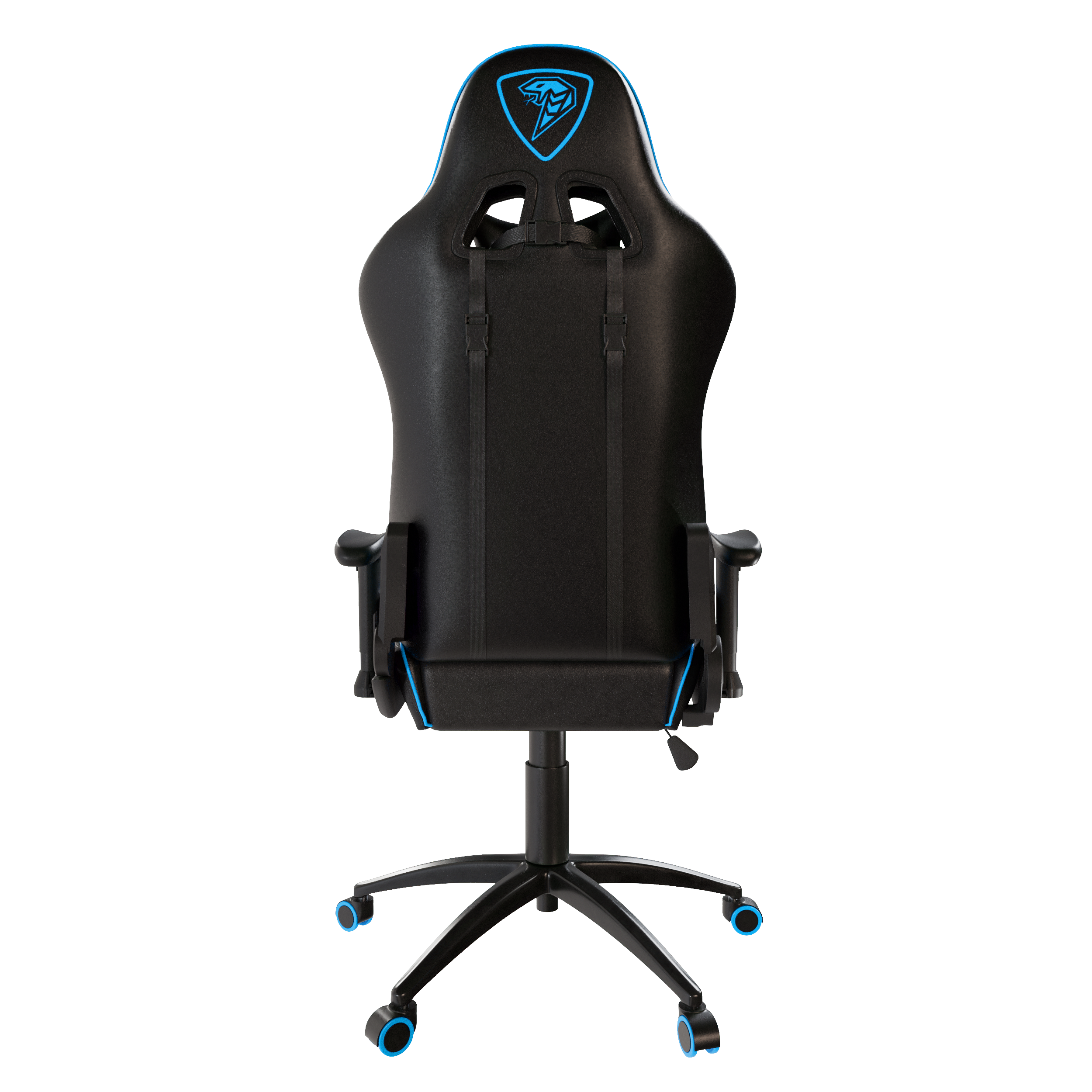 Czarny fotel gamingowy z niebieskim wykończeniem i logo, widok od tyłu.