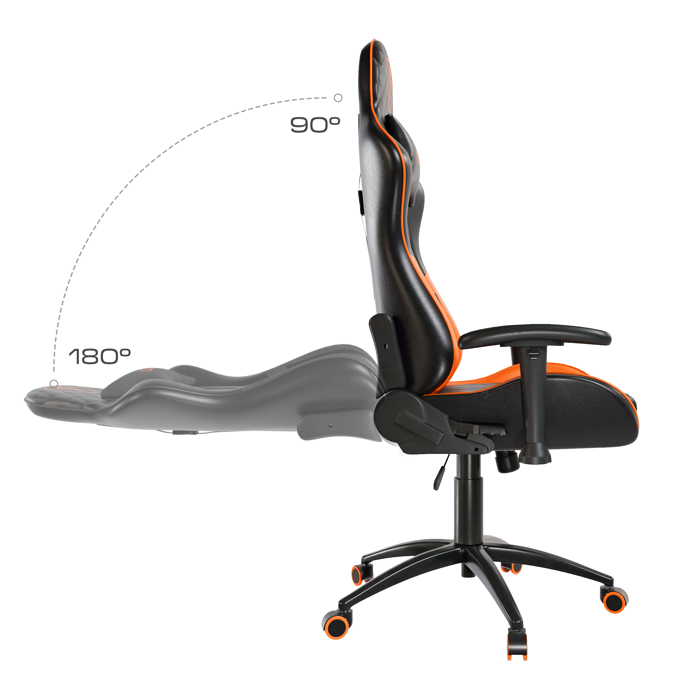 Czarny fotel gamingowy z pomarańczowymi akcentami, regulowany od 90° do 180°.
