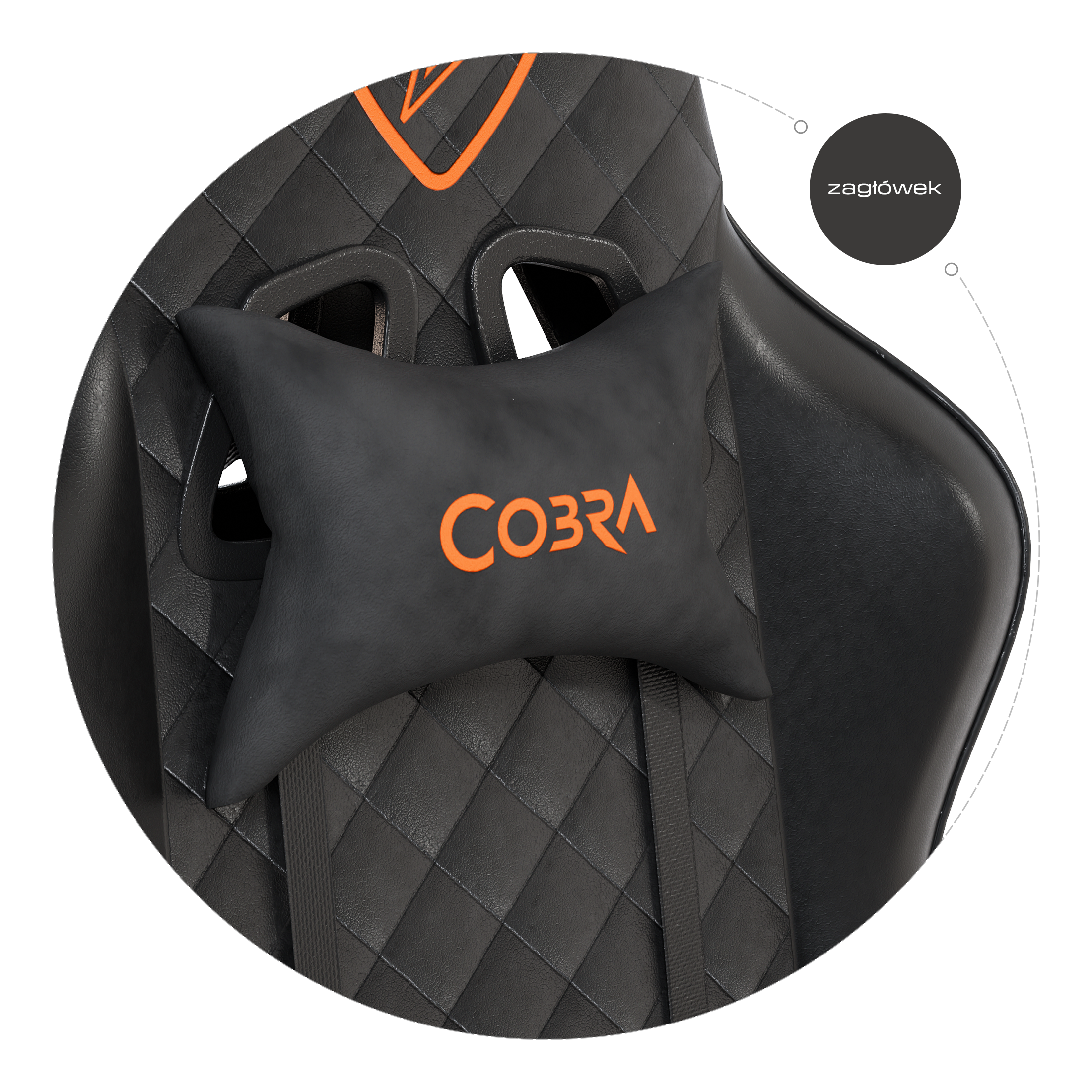 Czarna poduszka na kark z pomarańczowym logo „Cobra” na czarnym fotelu gamingowym.