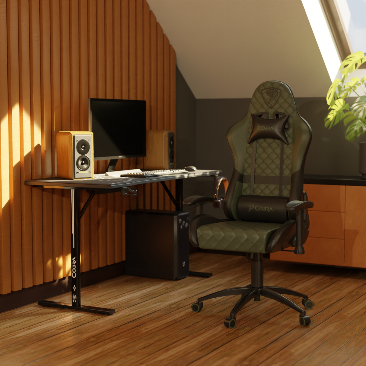 Zielone krzesło gamingowe z zagłówkiem i poduszką lędźwiową przed biurkiem z monitorem.