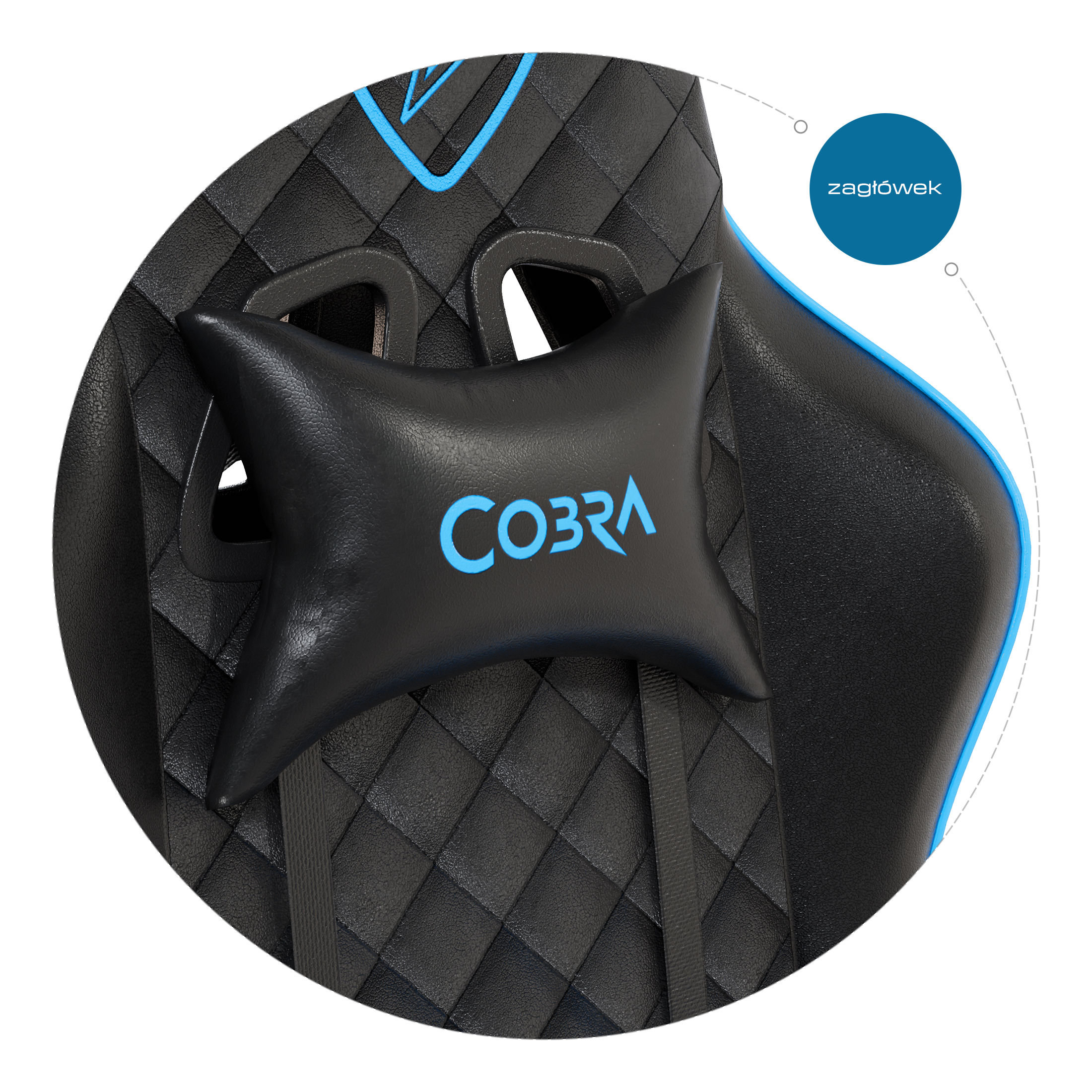 Czarna poduszka z niebieskim logo COBRA na pikowanej czarnej krzesło.