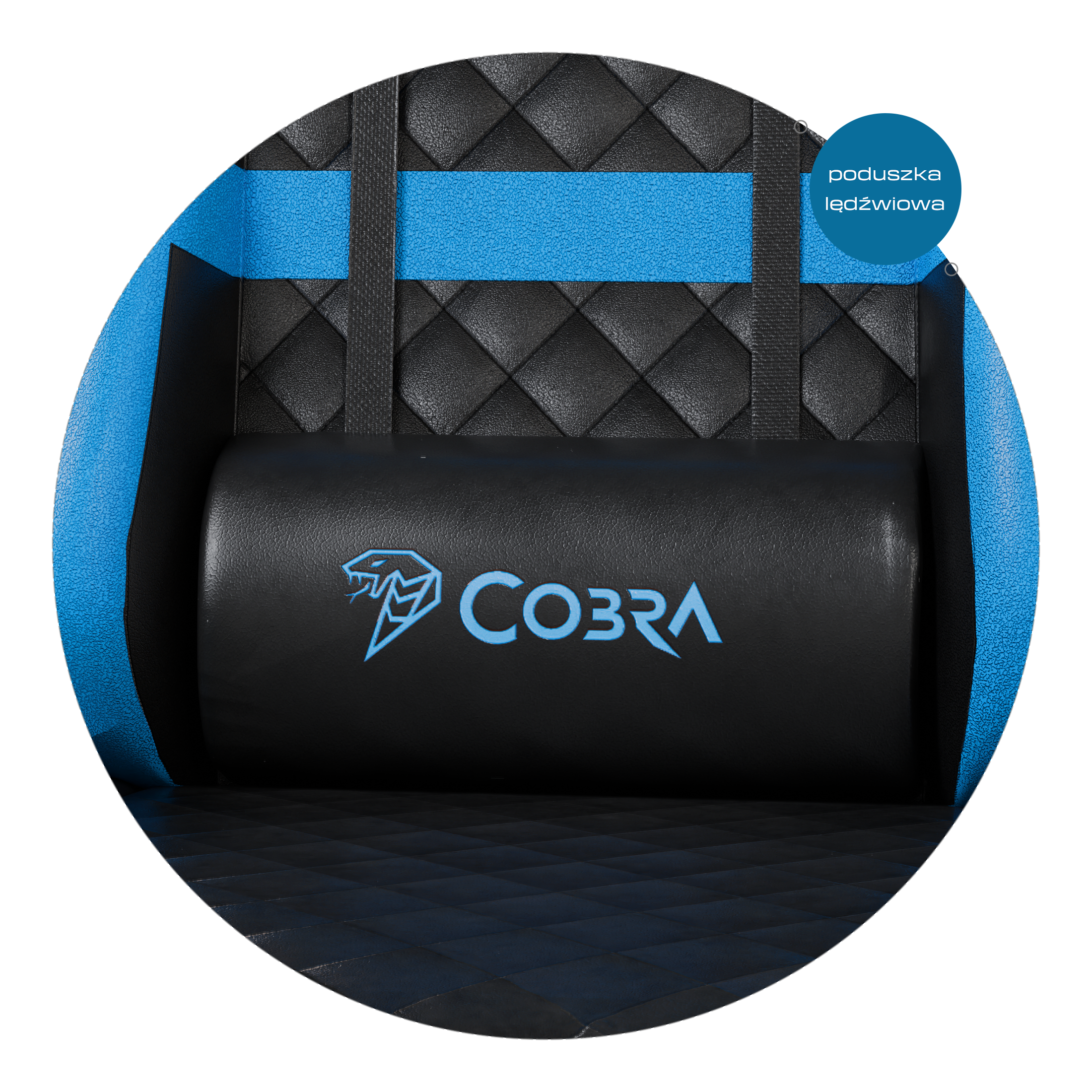 Czarna poduszka z niebieskim logo Cobra, część fotela gamingowego.
