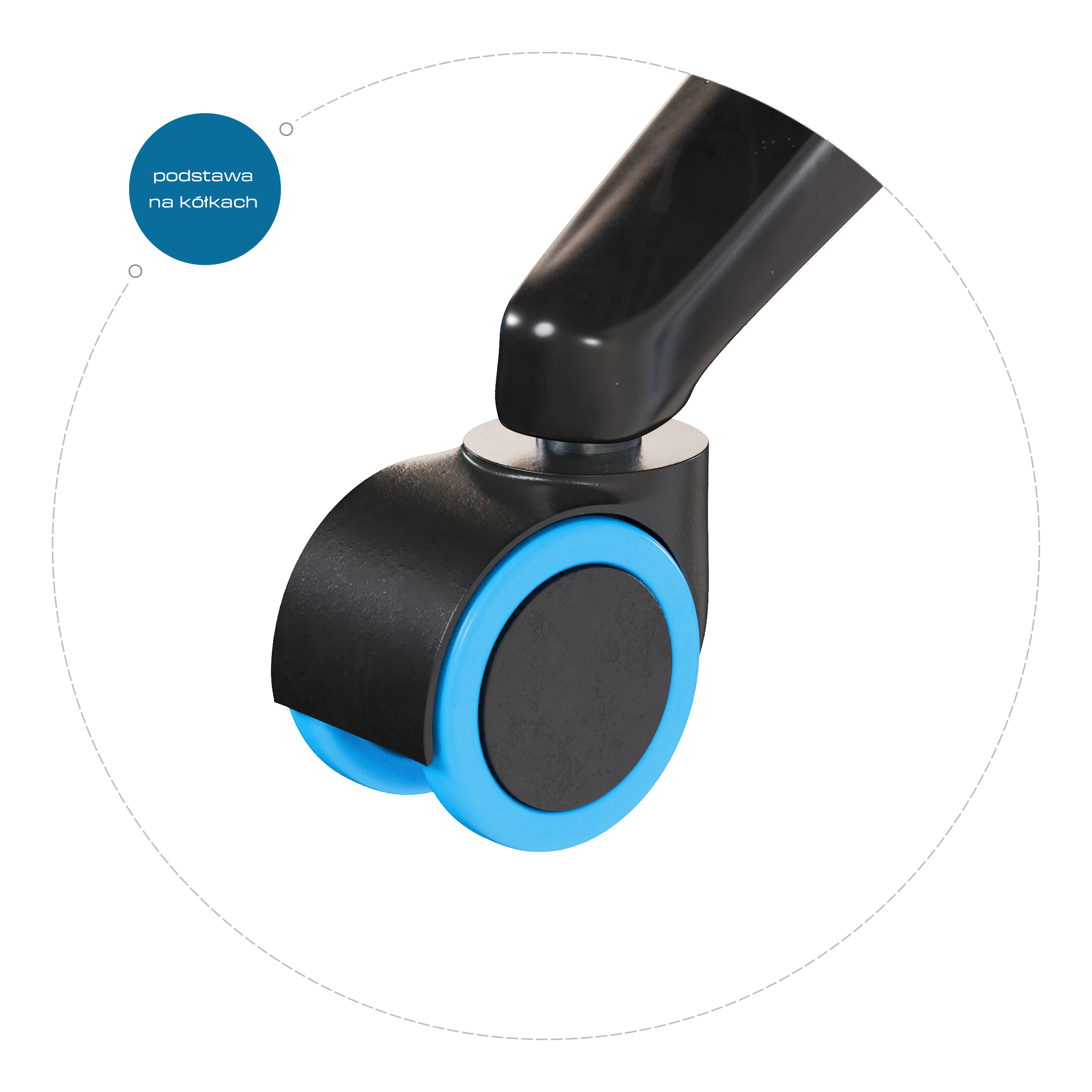 Zbliżenie czarnego kółka krzesła z niebieskim pierścieniem. Tekst: 'podstawa na kółkach'.