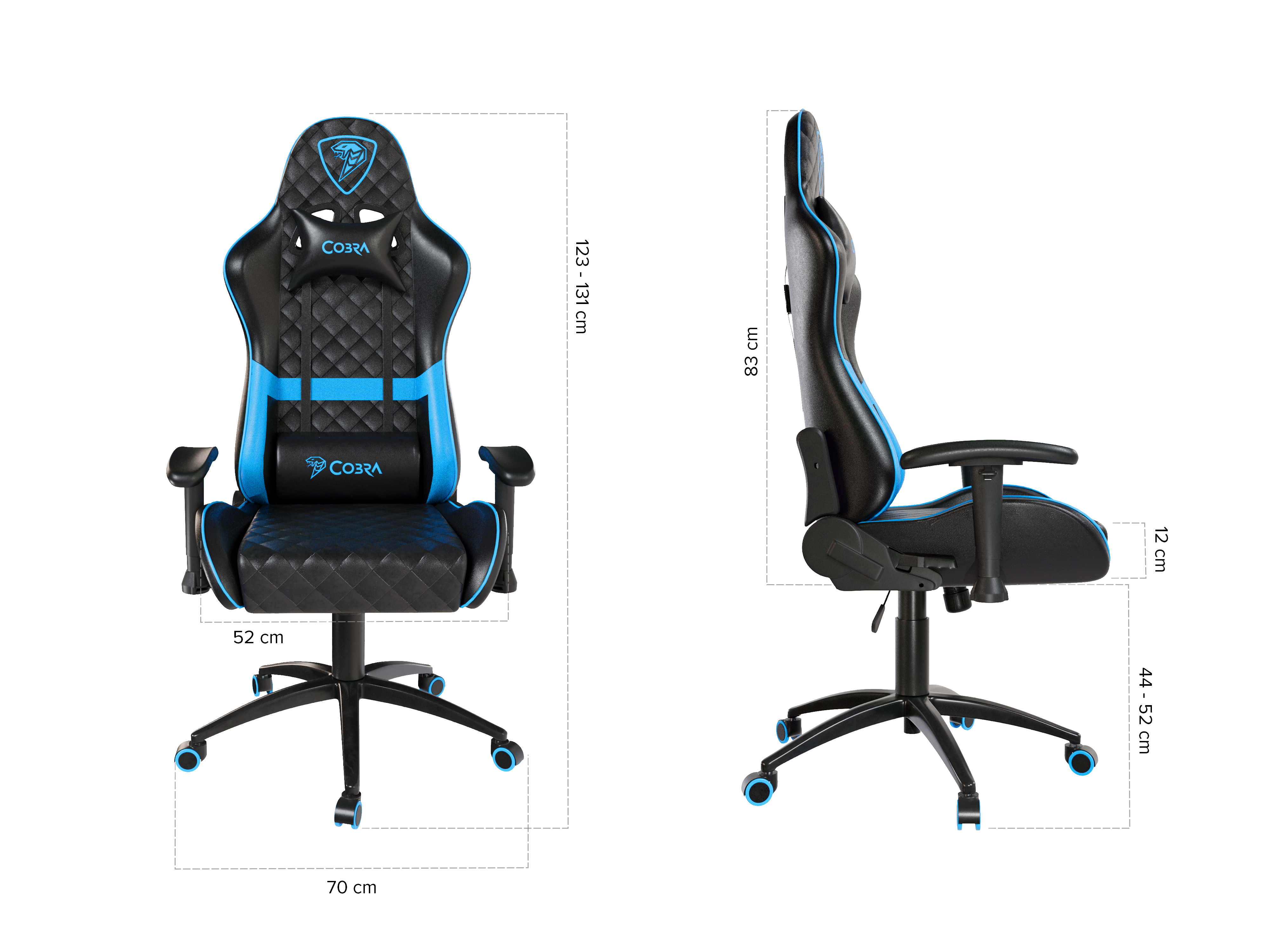 Czarny fotel gamingowy z niebieskimi akcentami, pikowaniem w romby i logo Cobra.
