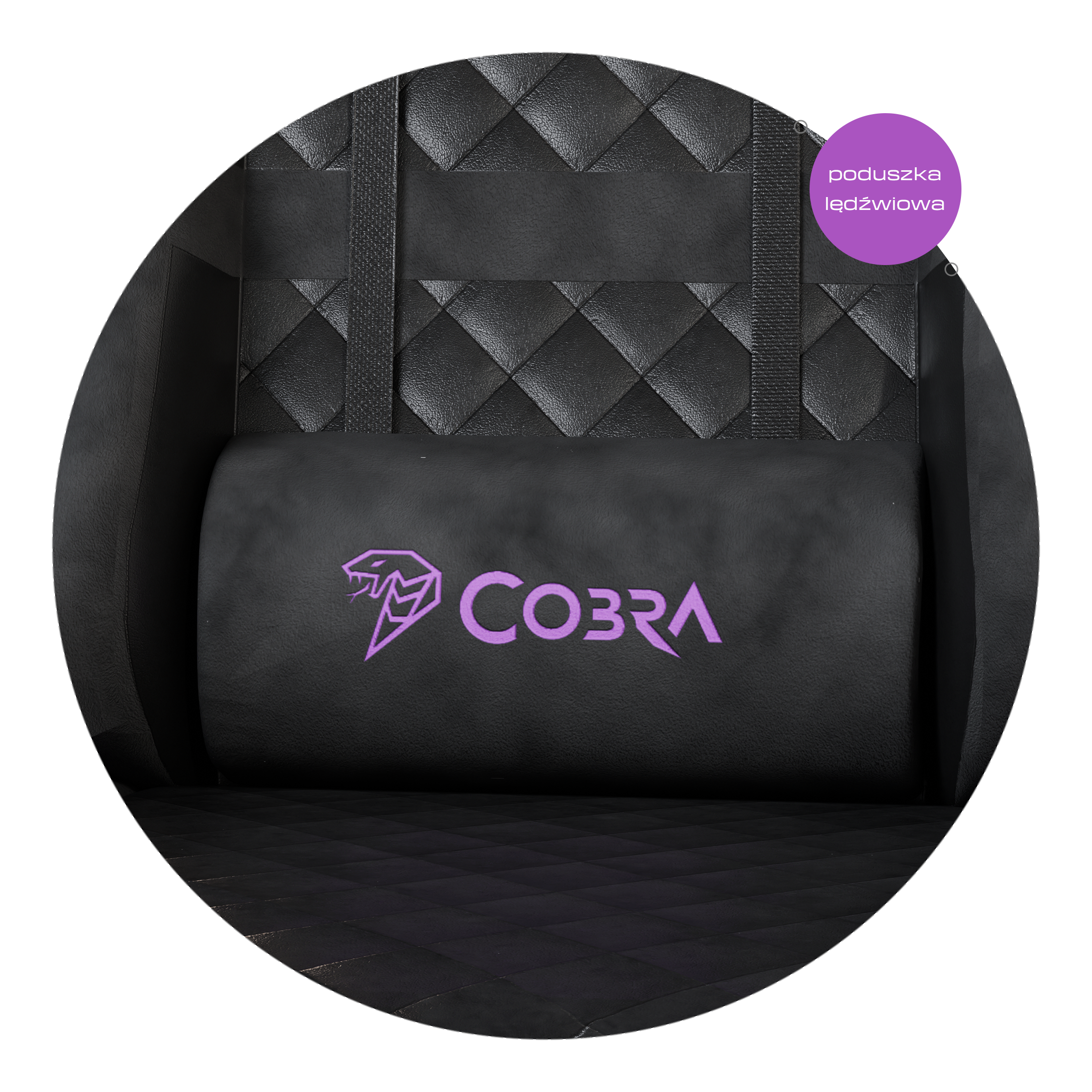 Czarne poduszka z fioletowym logo Cobra i rombami na czarnym krześle.