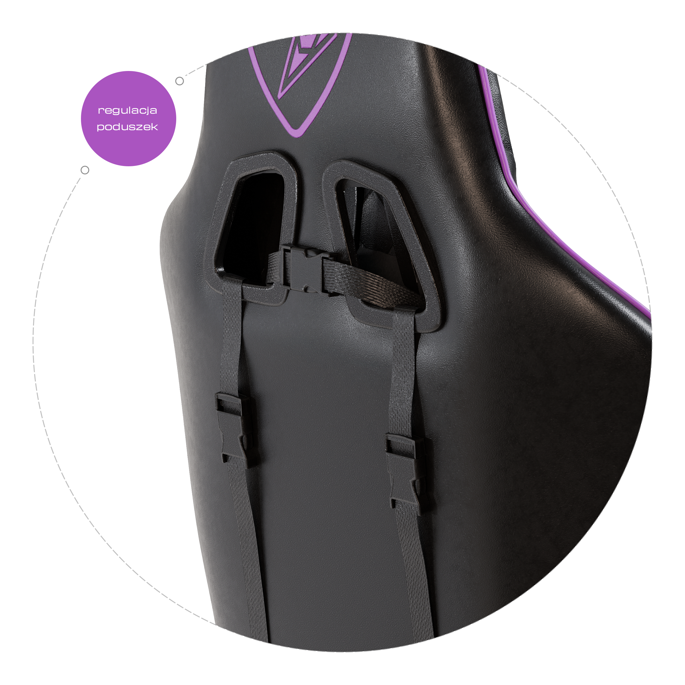 Czarno-fioletowe oparcie fotela gamingowego z paskami i klamrami.
