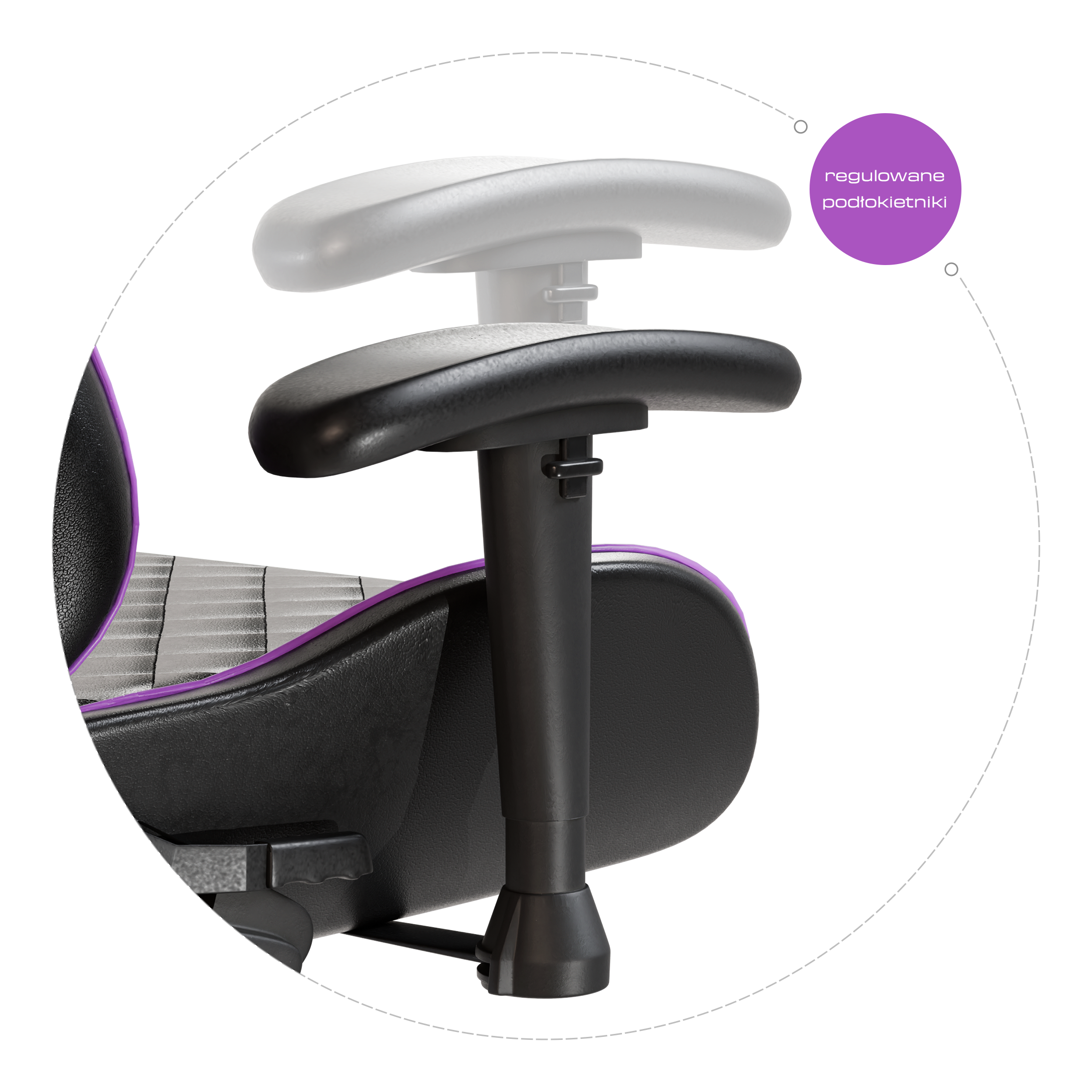 Regulowana ramię podłokietnika czarno-fioletowego fotela gamingowego.