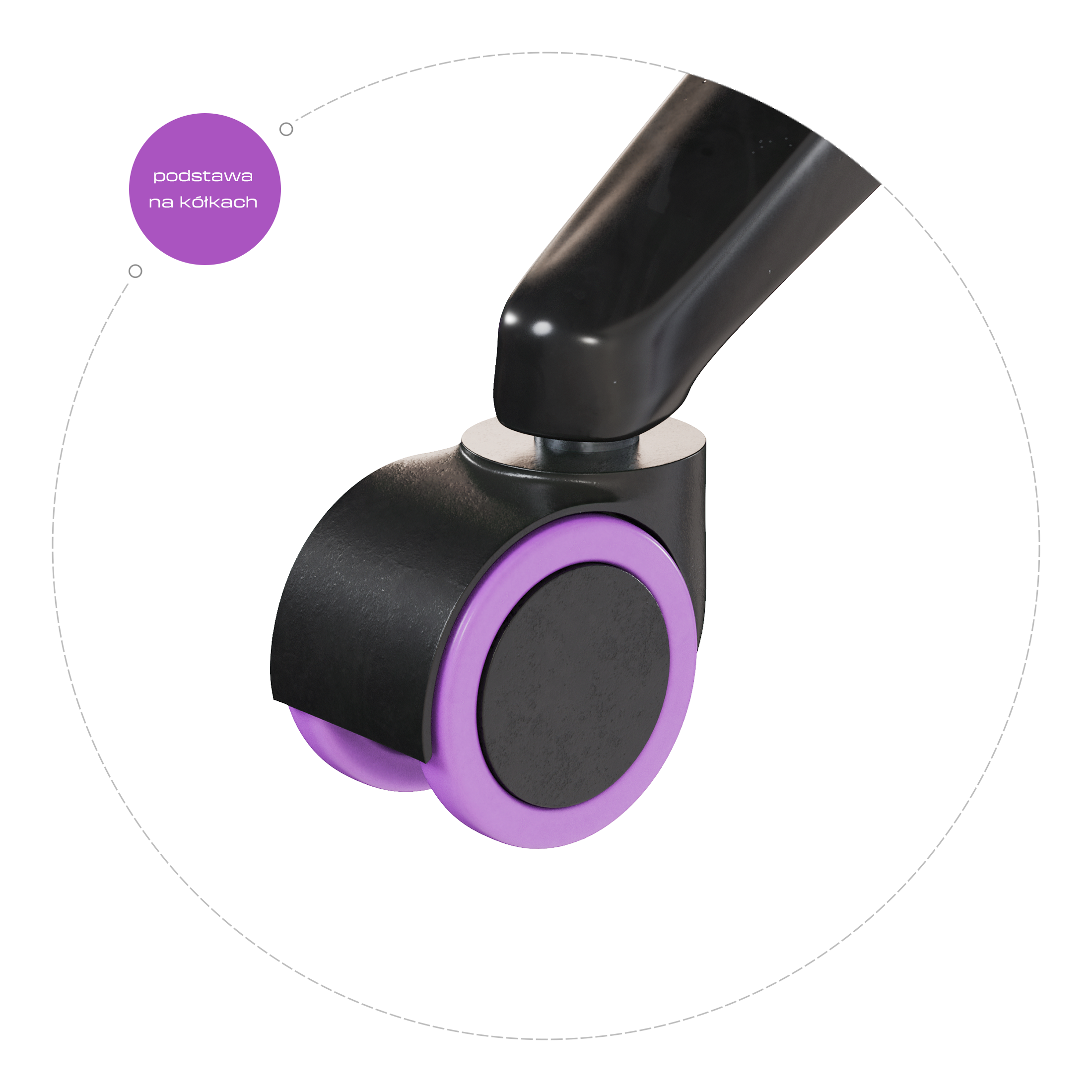 Czarne kółko krzesła biurowego z fioletowymi akcentami i częścią nogi.