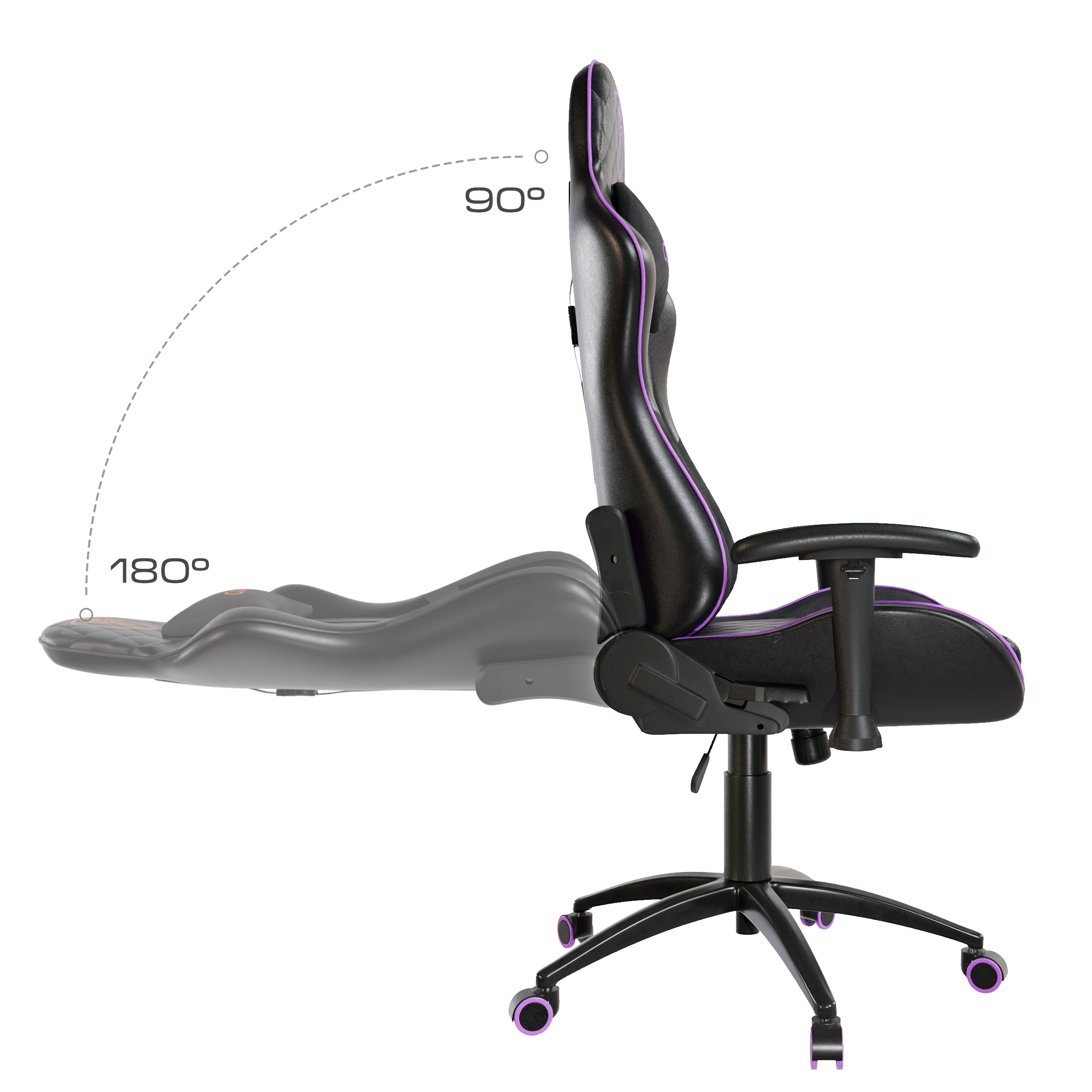 Czarny fotel gamingowy z fioletowym wykończeniem, regulowany od 90° do 180°.