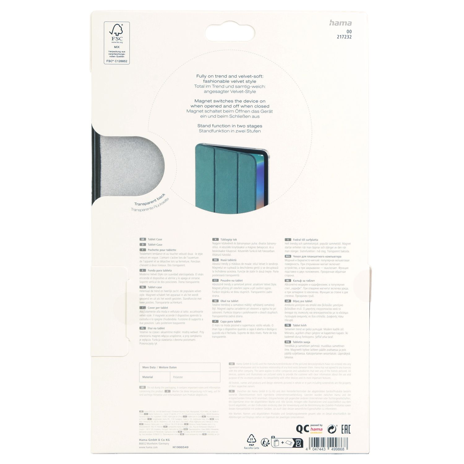 Verpackung für ein Hama Tablet-Case mit Produktabbildung und mehrsprachigen Beschreibungen.