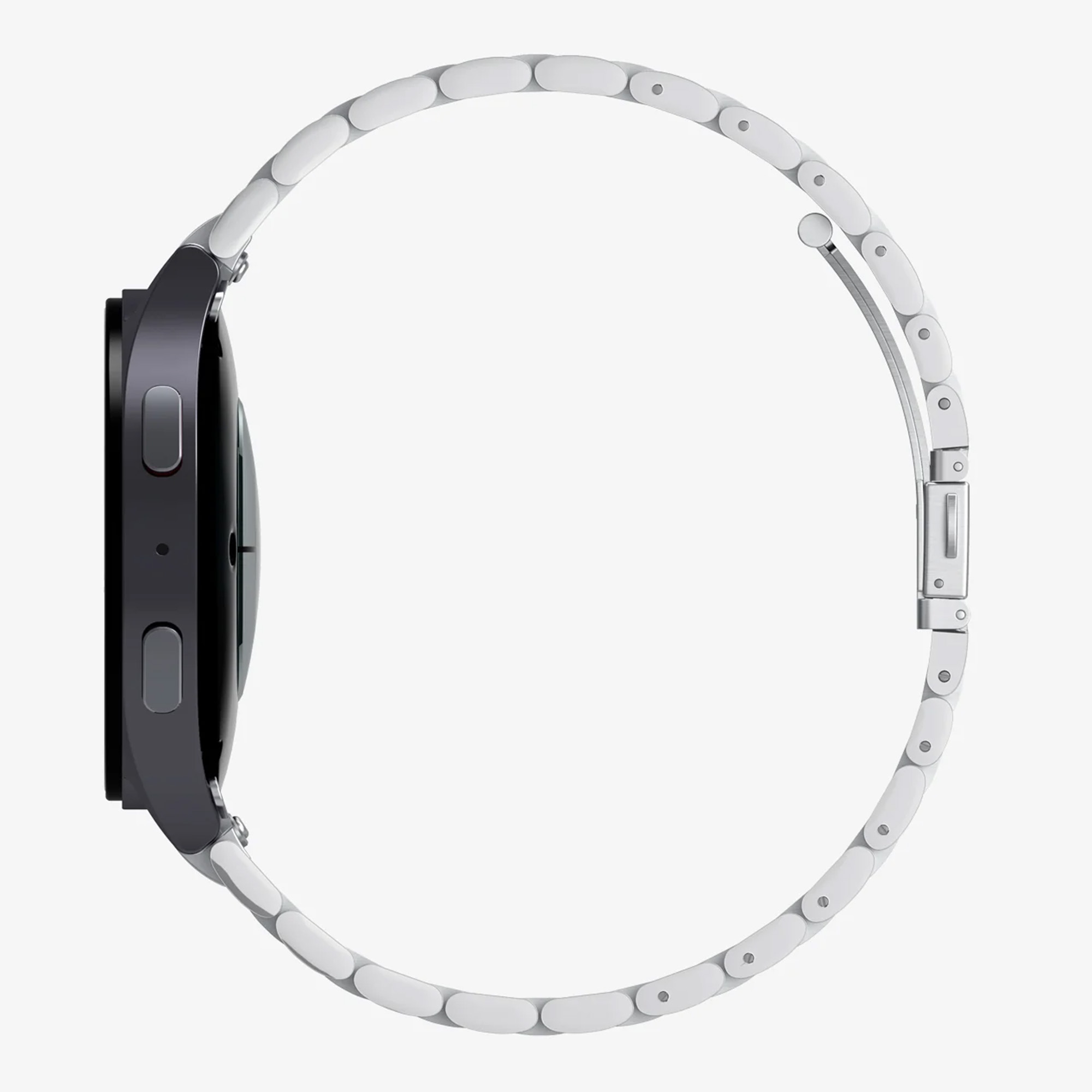 Ciemnoszary smartwatch z białym paskiem z ogniw, widok z boku.
