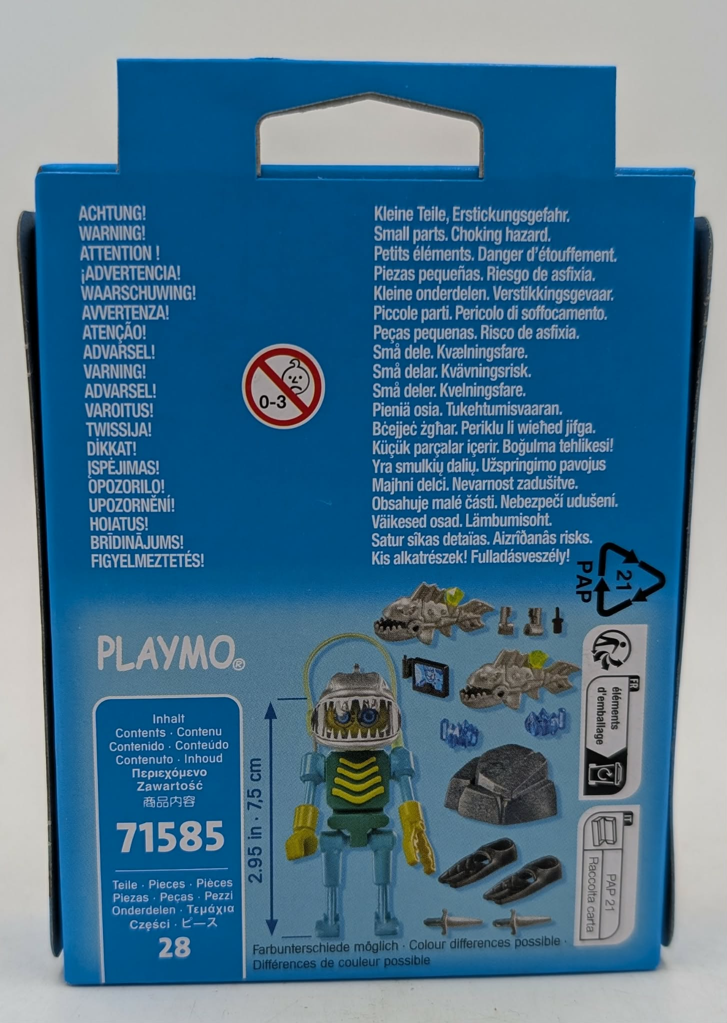 Confezione Playmobil con figura giocattolo, accessori e avvertenze.