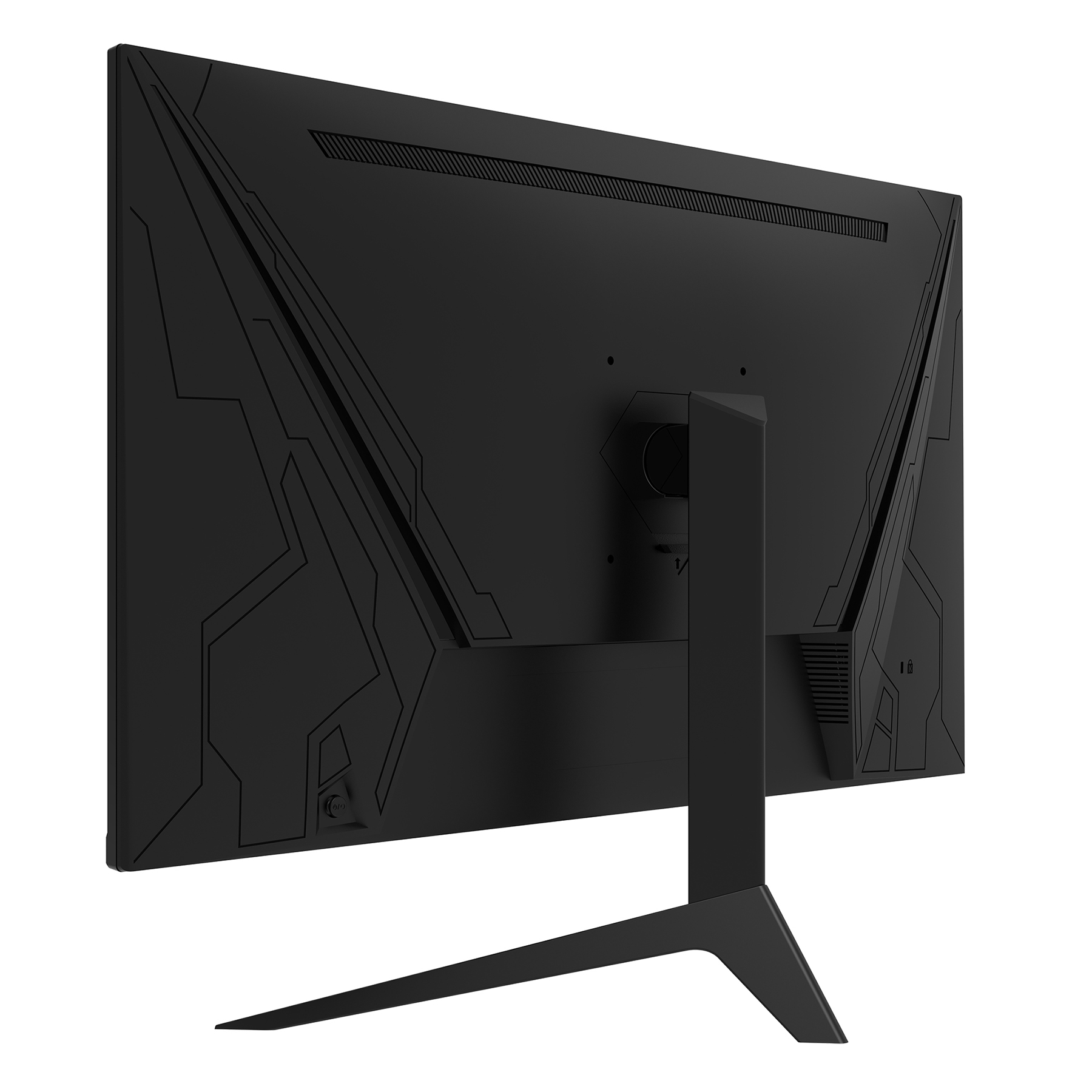 Rückseite eines schwarzen Monitors mit geometrischen Mustern und einem Ständer.