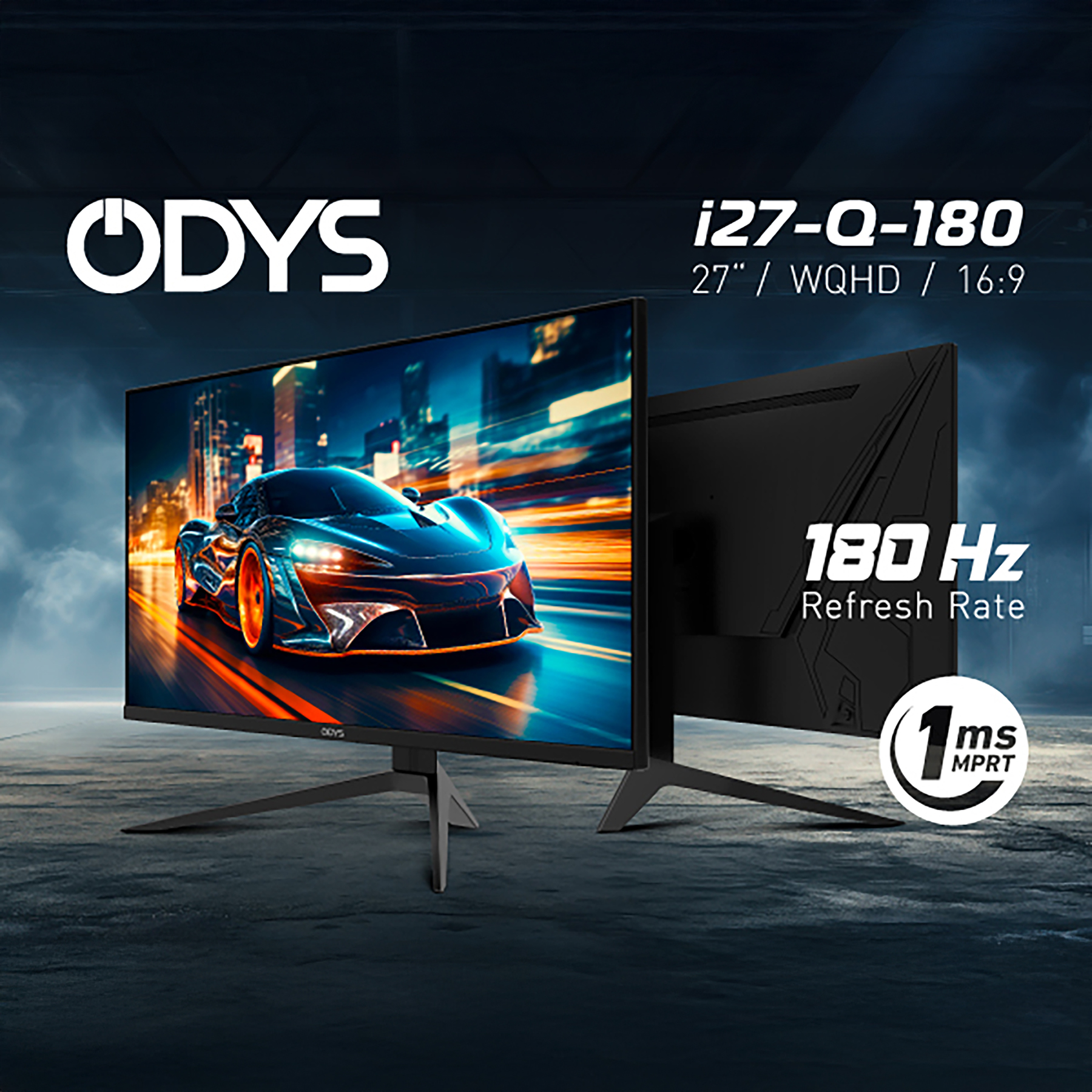 ODYS Monitor mit 180 Hz, 1 ms MPRT, zeigt ein Auto auf einer Stadtstraße.