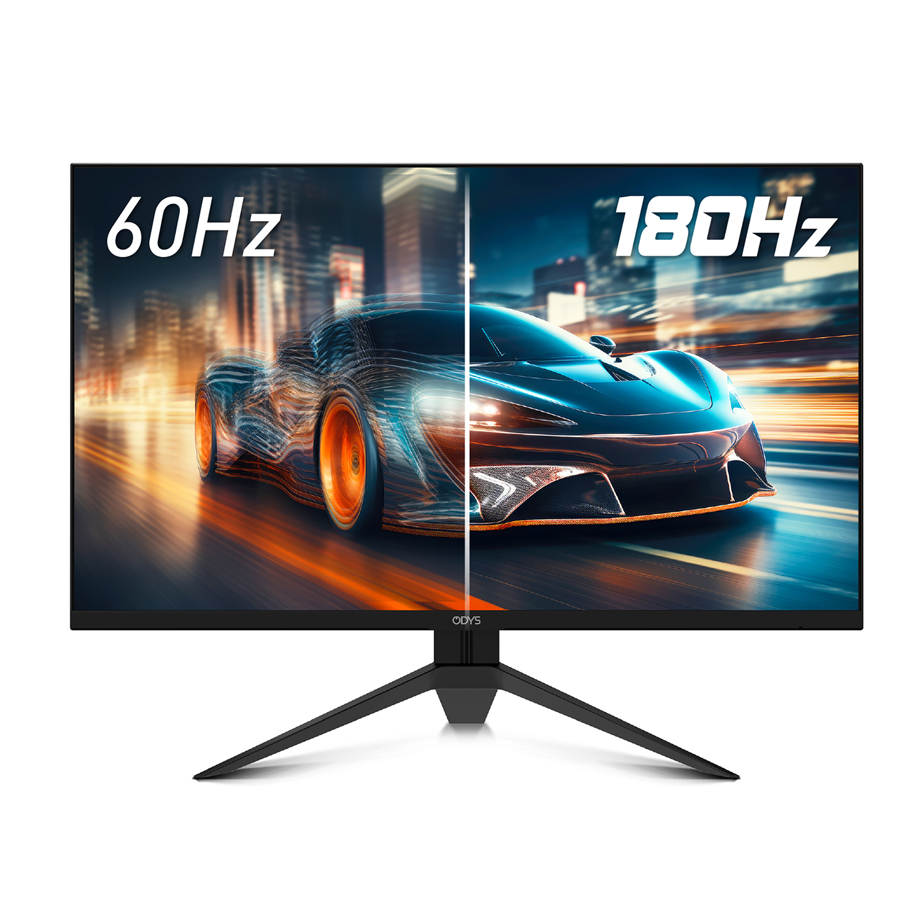 Ein Monitor zeigt zwei Bilder eines Autos mit "60Hz" und "180Hz".
