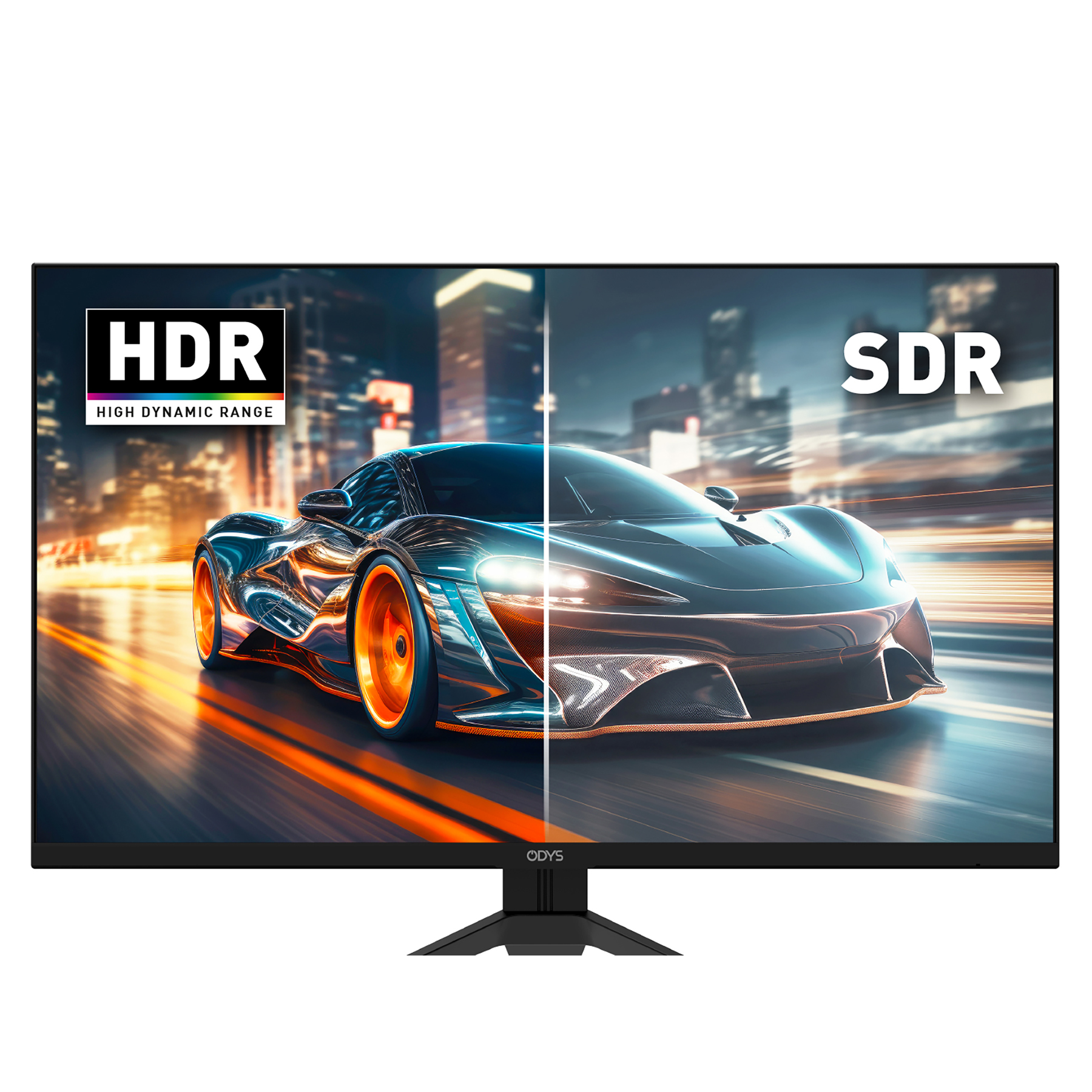 Ein Auto fährt nachts durch eine Stadt, HDR links, SDR rechts.