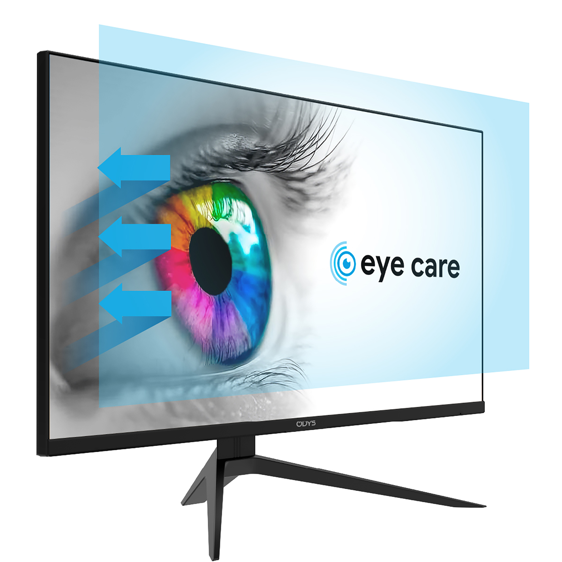 Ein Monitor mit einem bunten Auge und blauen Pfeilen, die "Eye Care" bedeuten.