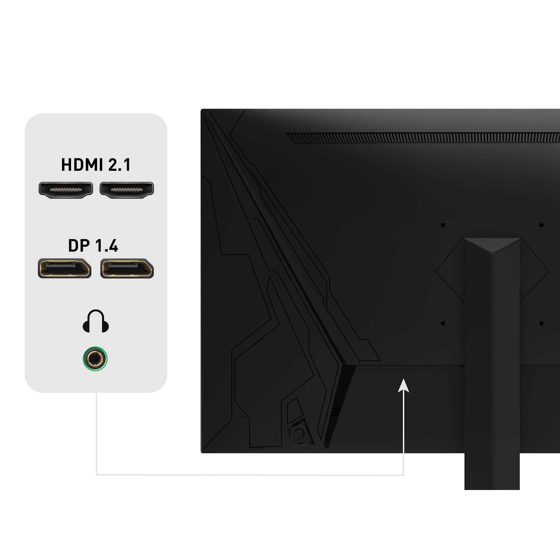 Anschlussfeld mit HDMI 2.1, DP 1.4 und Kopfhöreranschluss.