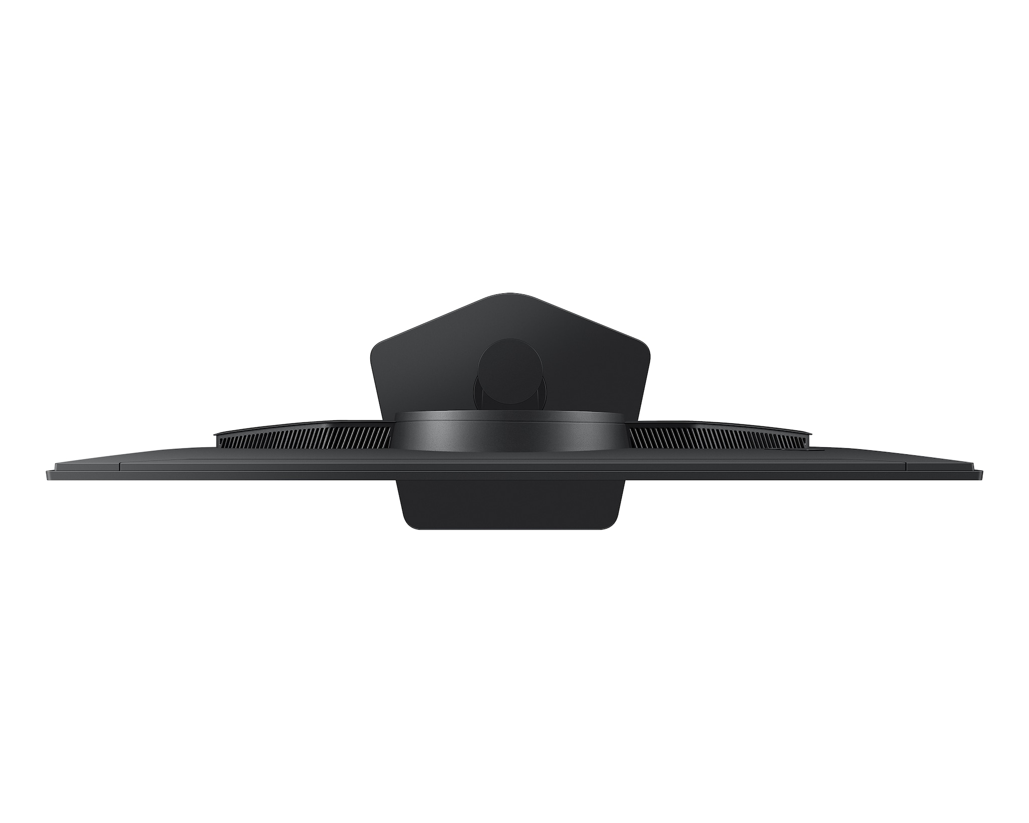 Widok z góry czarnego monitora z wąską ramką i otworami wentylacyjnymi.