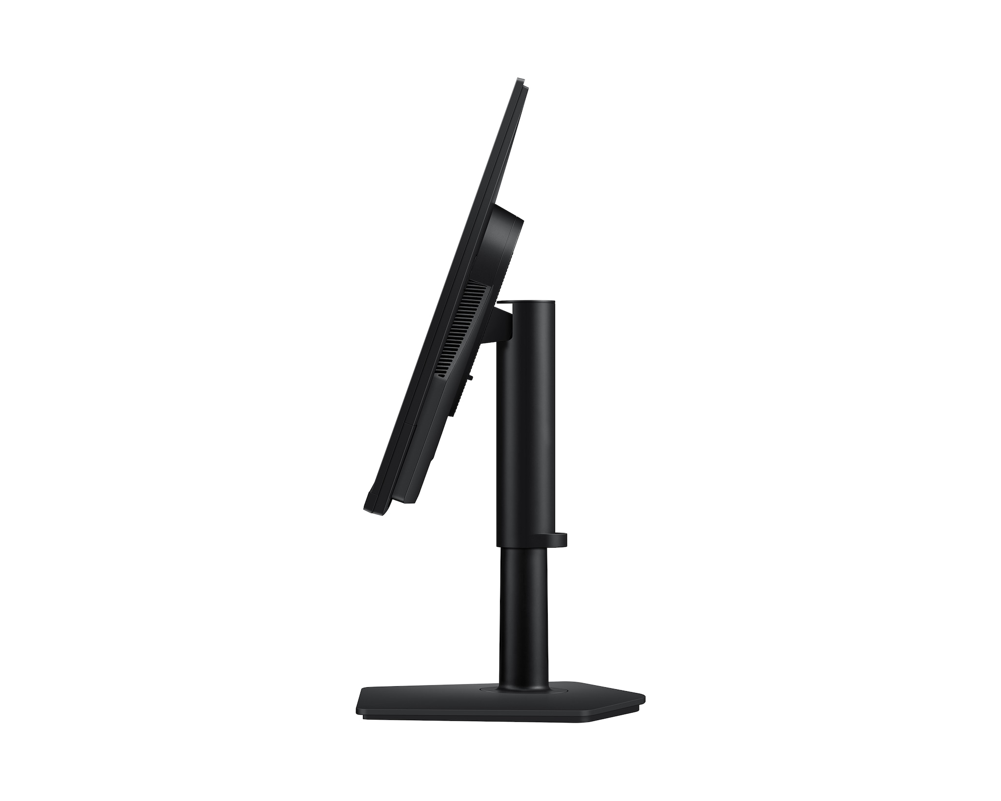 Widok z boku czarnego monitora na czarnym stojaku.