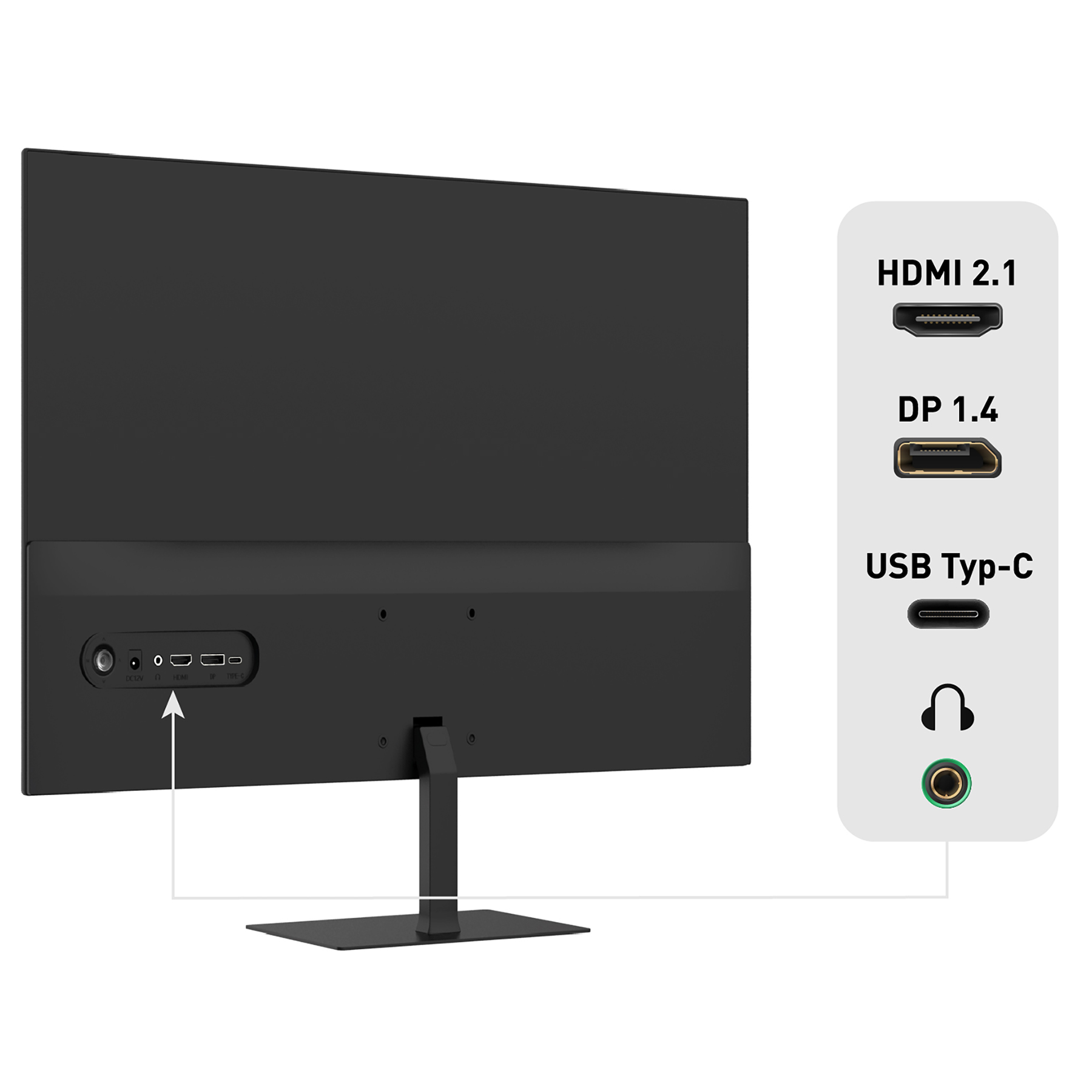 Rückseite eines schwarzen Monitors mit Anschlüssen: HDMI 2.1, DP 1.4, USB Typ-C.