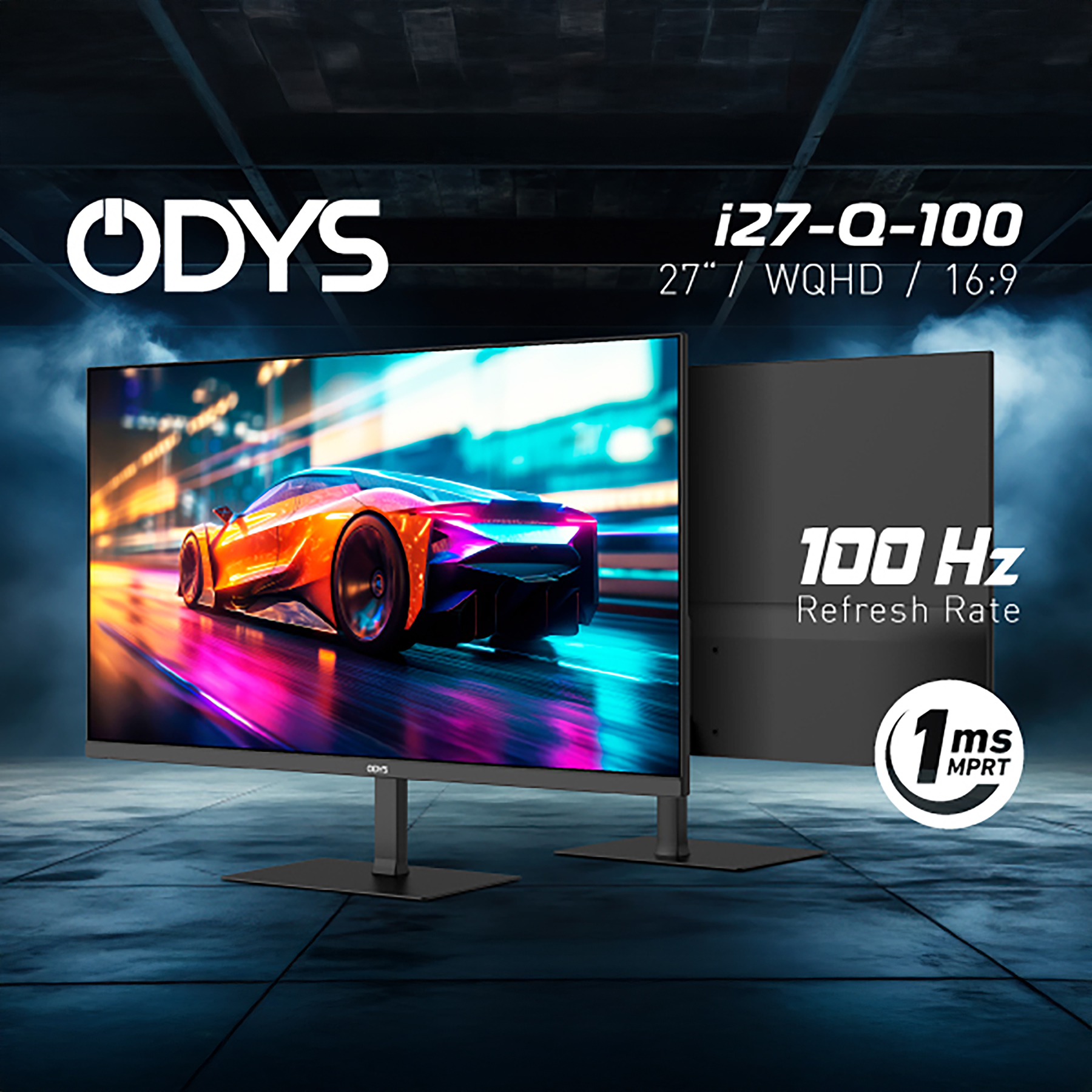 Monitor mit ODYS-Logo zeigt ein Rennauto, 100 Hz, 1 ms MPRT.