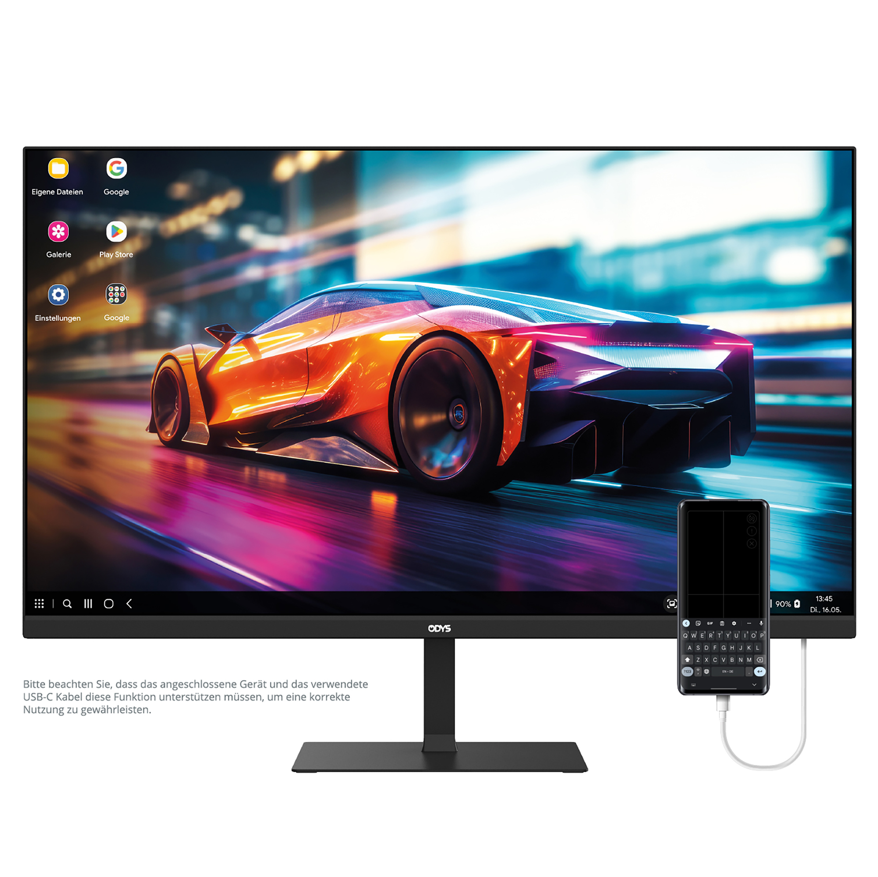 Ein Monitor mit einem orangen Sportwagen-Hintergrund und einem angeschlossenen Smartphone.
