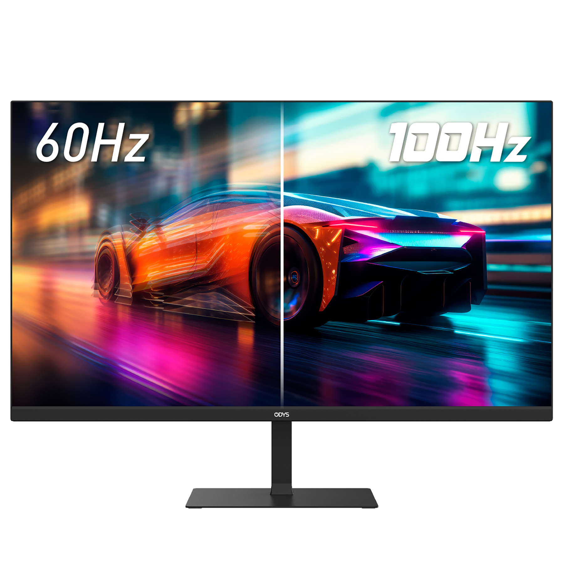 Ein Monitor zeigt zwei Bilder von Rennwagen, 60Hz und 100Hz.