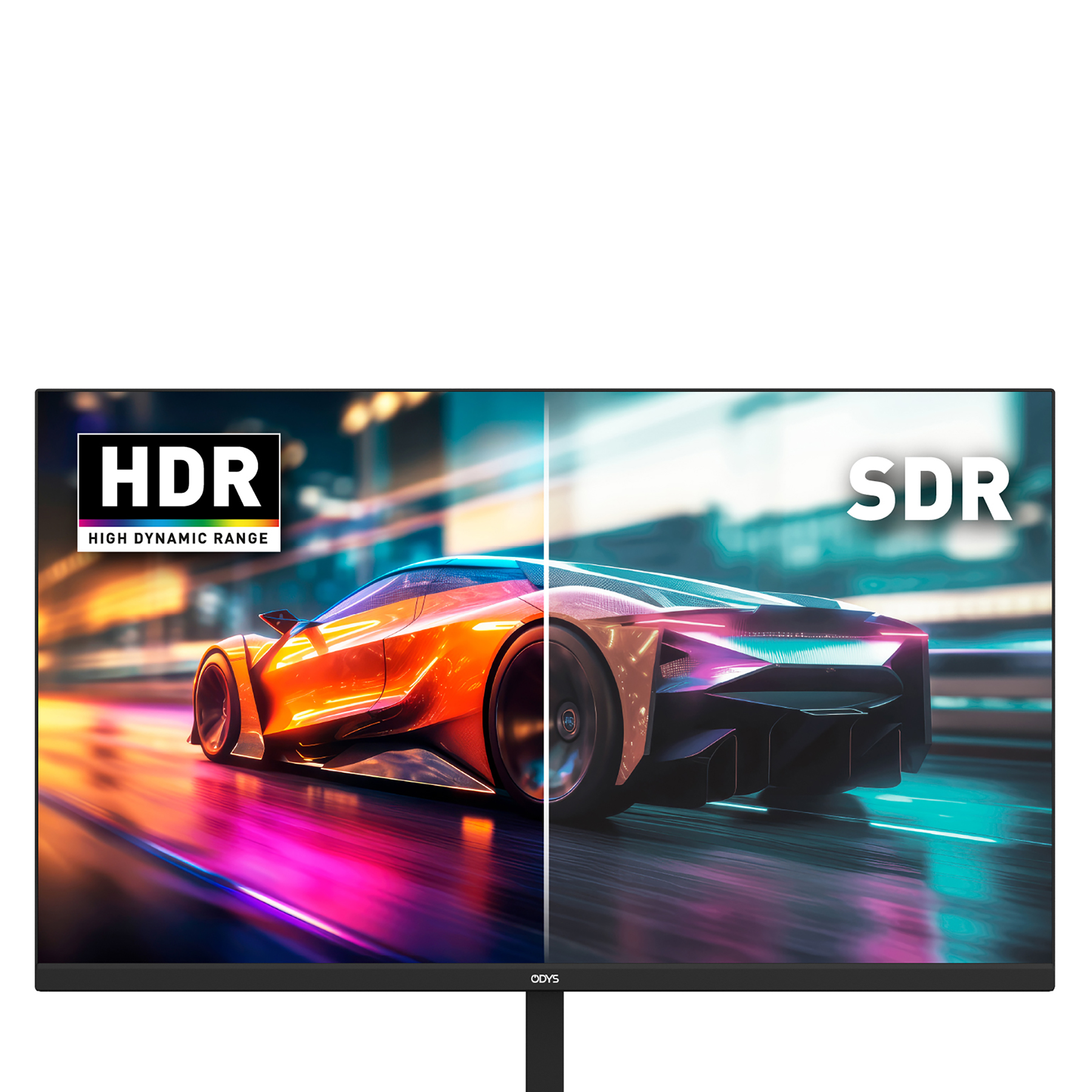 Monitor zeigt zwei Bilder eines Rennwagens, HDR links, SDR rechts.