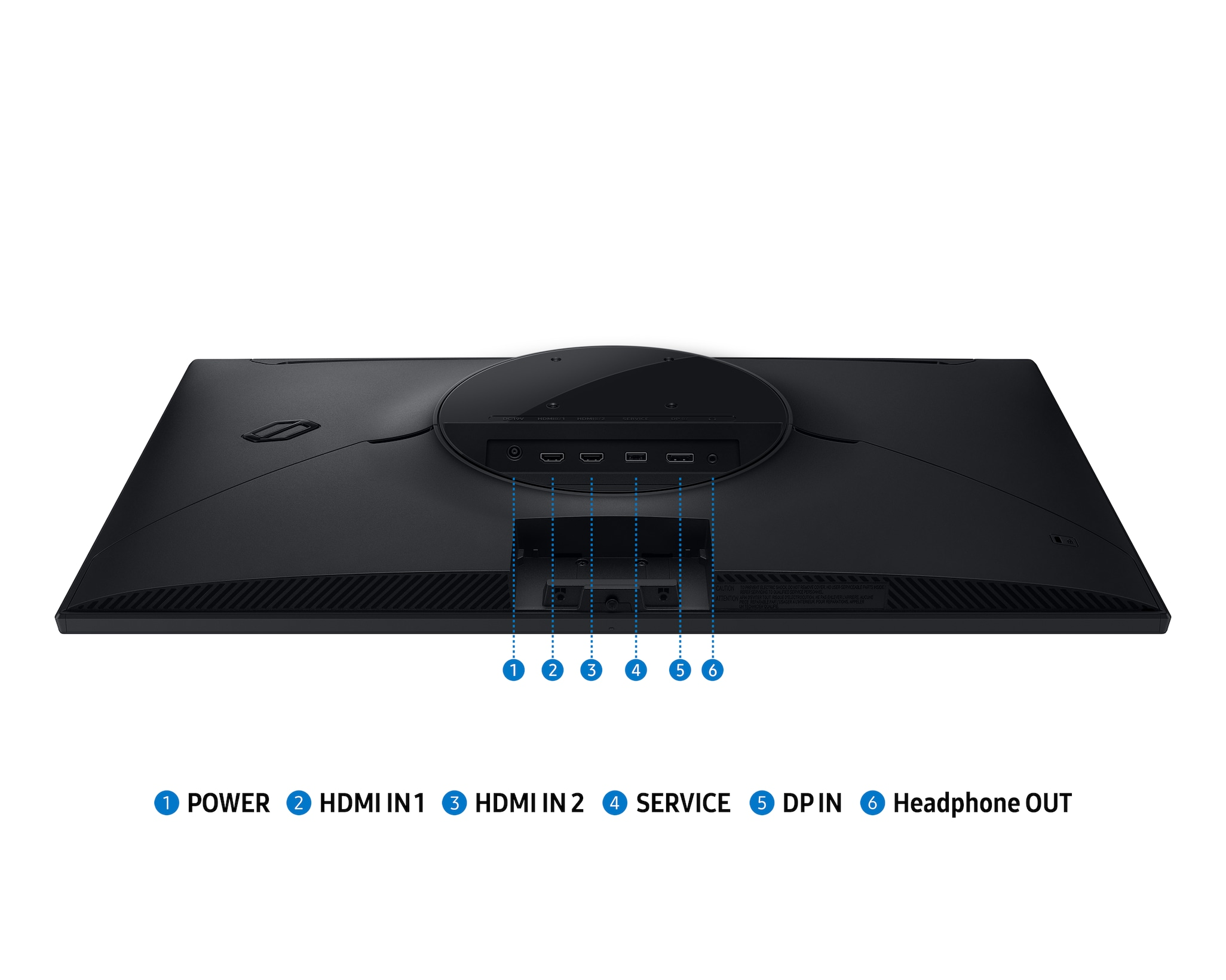 Rückseite eines Monitors mit Anschlüssen: Strom, 2x HDMI, Service, DP, Kopfhörer.