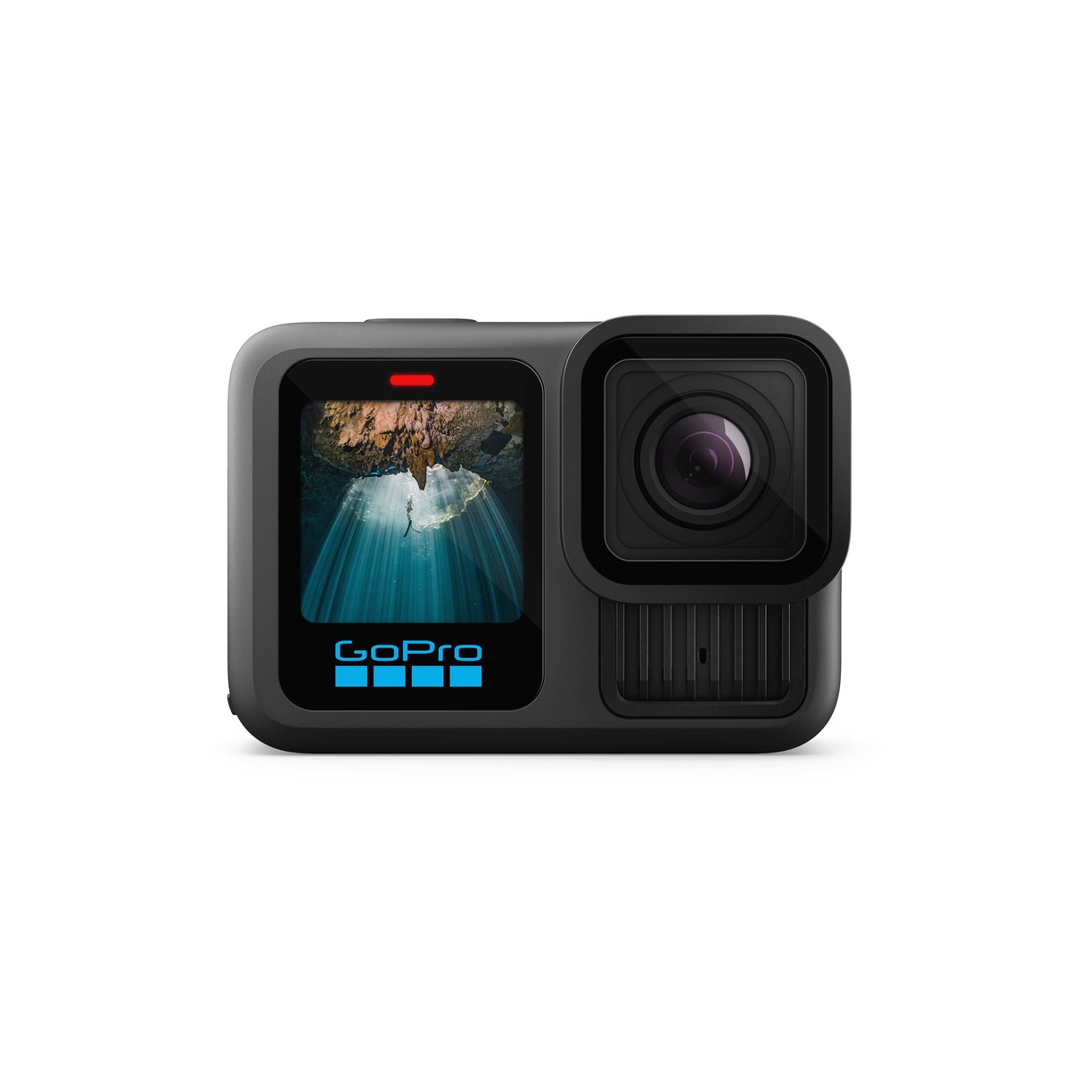 Eine schwarze GoPro-Kamera mit rotem Licht und Bildschirmanzeige.