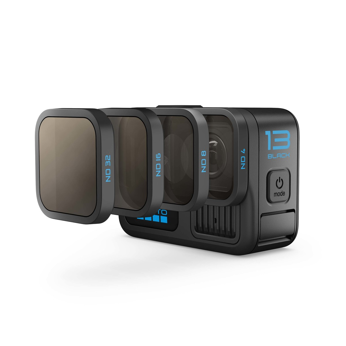 GoPro 13 Black mit vier aufgesteckten ND-Filtern in verschiedenen Stärken.