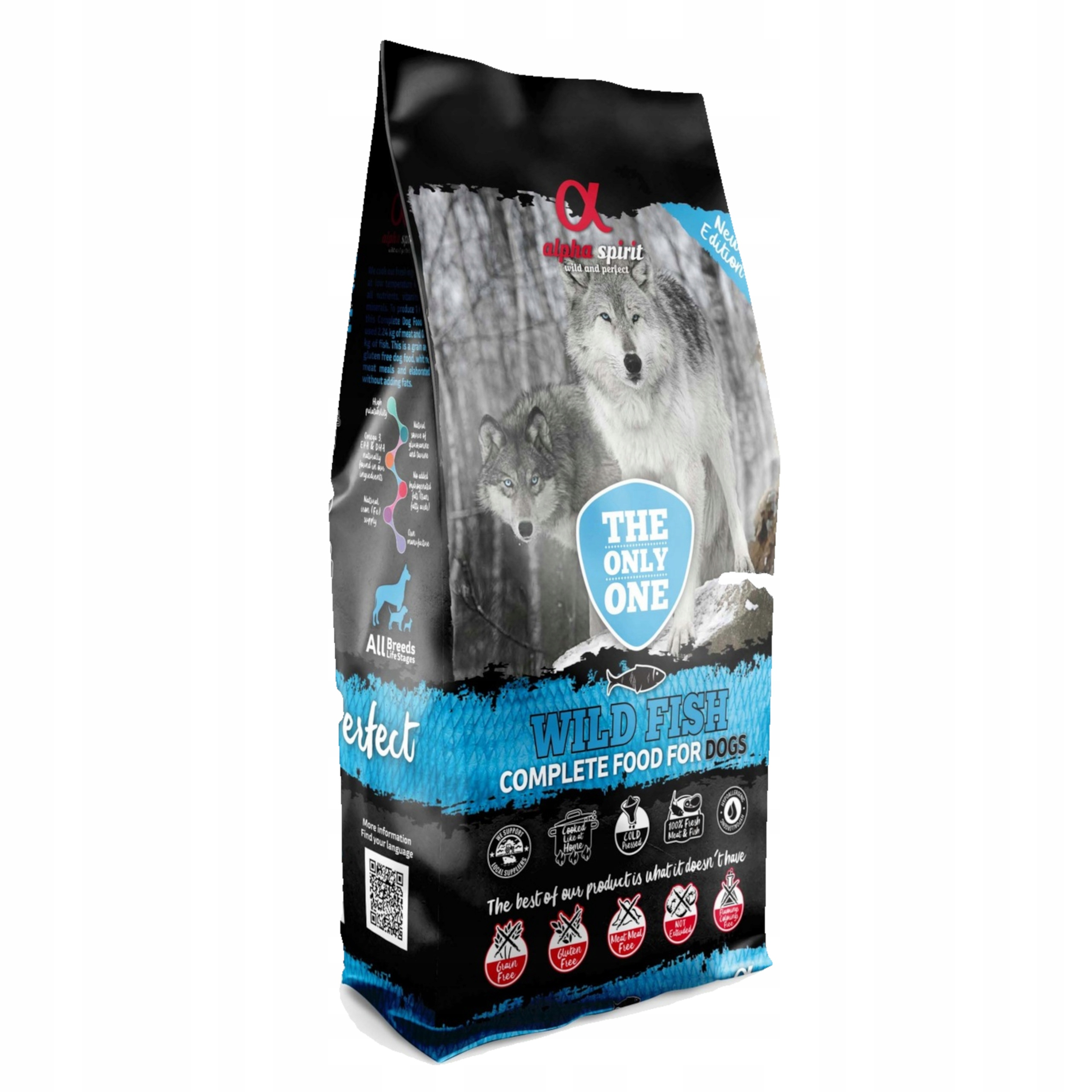 Torba z karmą dla psów z wilkami i napisem "Wild Fish".