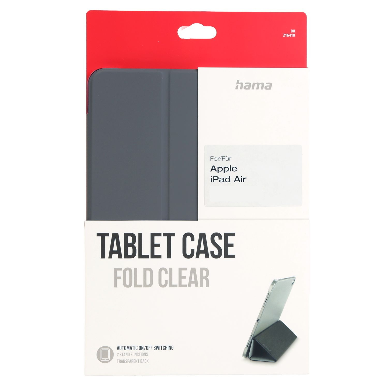 Graue Hülle für Apple iPad Air mit Hama-Logo und Produktbeschreibung.