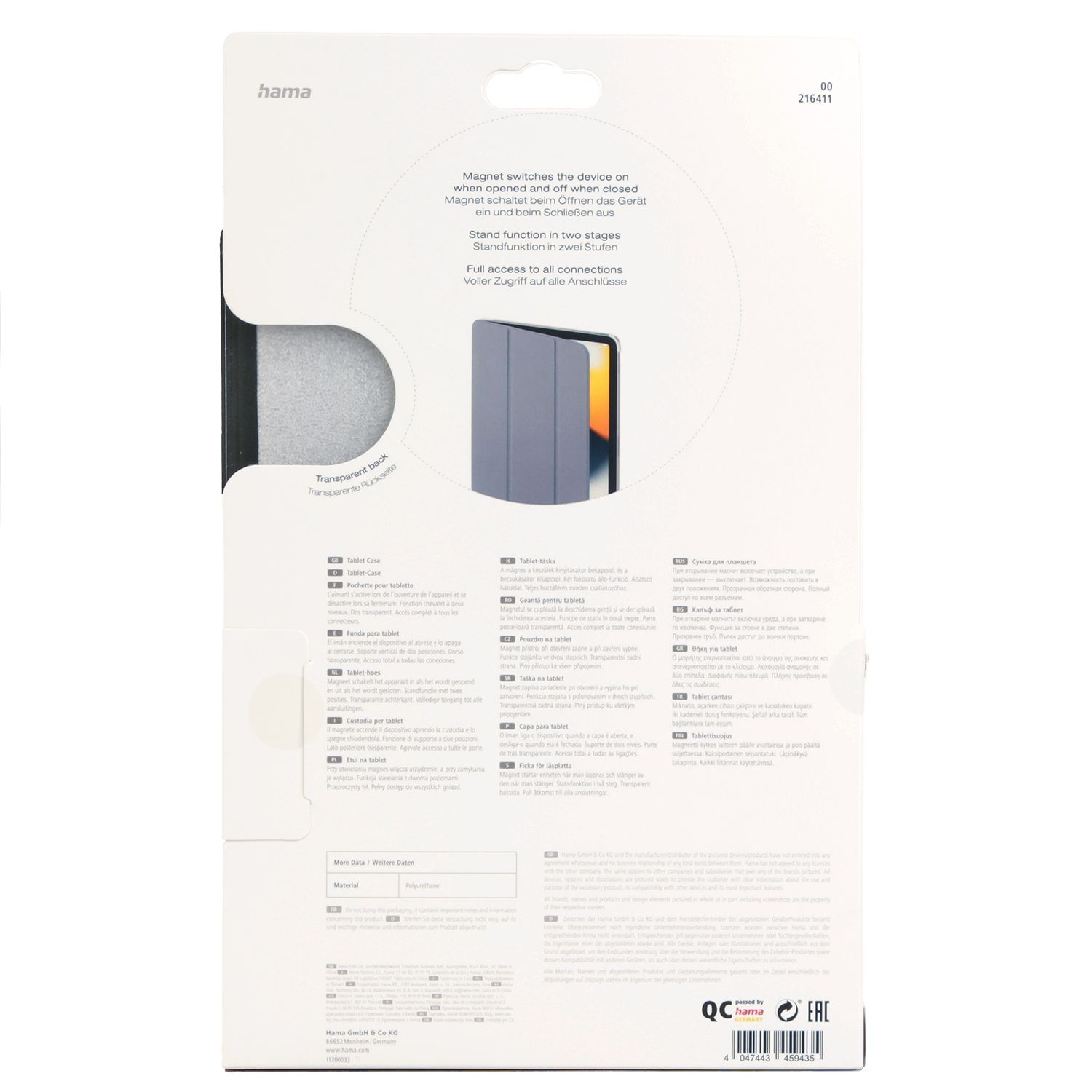 Opakowanie do tabletu z przezroczystym tyłem i funkcją stojaka.